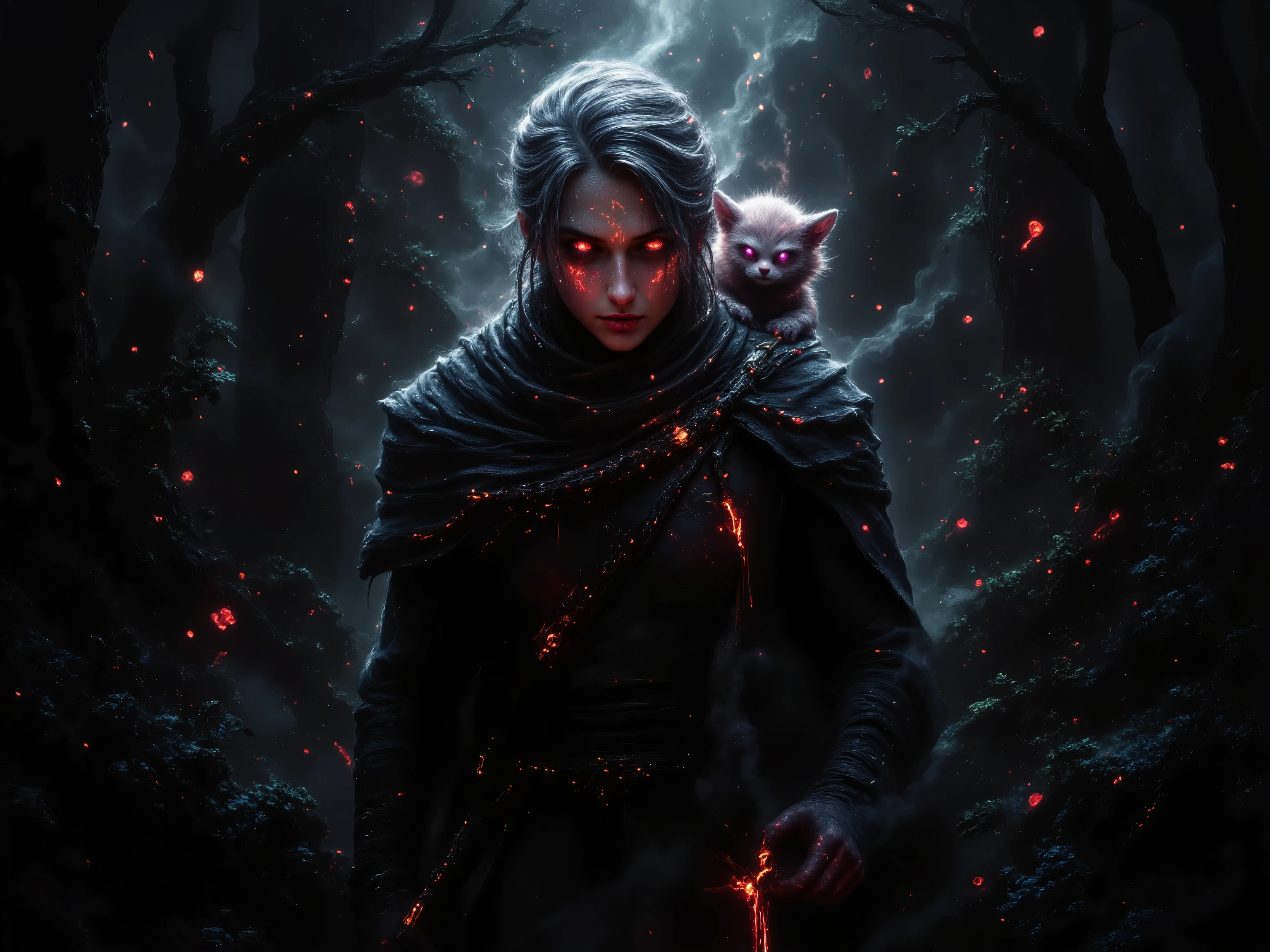 A towering figure moves through a shadowy forest, his dusky blue hair tied back loosely, with a few strands falling over his shoulders. His crimson eyes glow faintly, scanning the darkness with a sharp, focused gaze. He wears dark, intricately designed armor layered over form-fitting leather, and an ebony claymore is strapped to his back, its jagged blade faintly illuminated by glowing red runes. A dark ruby cloak flows behind him, blending into the swirling black mist that clings to the air. Perched effortlessly on his shoulder is a small, humanoid figure with cat-like ears and a fluffy tail—a Nekomusume. Her bright pink hair is cut unevenly, framing her delicate, human-like face, and her violet eyes glow softly in the dim light. Her long, fluffy tail sways gently as she balances on his shoulder, her tiny clawed hands resting lightly on his armor. She wears a ragged, oversized forest-green tunic cinched at the waist with a simple leather belt, a small pouch hanging at her hip. Her expression is a mix of curiosity and mischief, her lips curled into a playful smirk. The air is thick with swirling black mist, and the faint glow of crimson and violet eyes contrasts with the muted colors of the forest. Art style: dark fantasy, highly detailed, inspired by gothic and surreal art, with a focus on contrast between light and shadow, muted colors with accents of crimson, pink, and silver