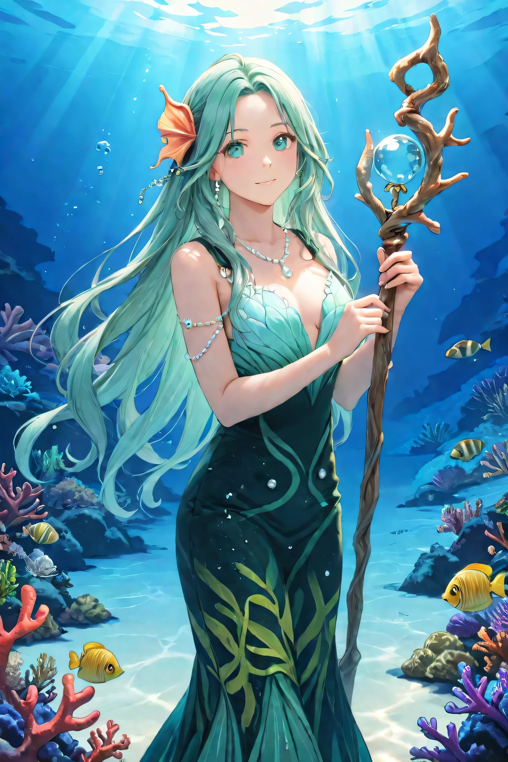 aqua green hair, decorated with pearls, female tritan, fish-like, dnd triton, seaweed dress, shell and coral staff, wizard, pearl-like skin