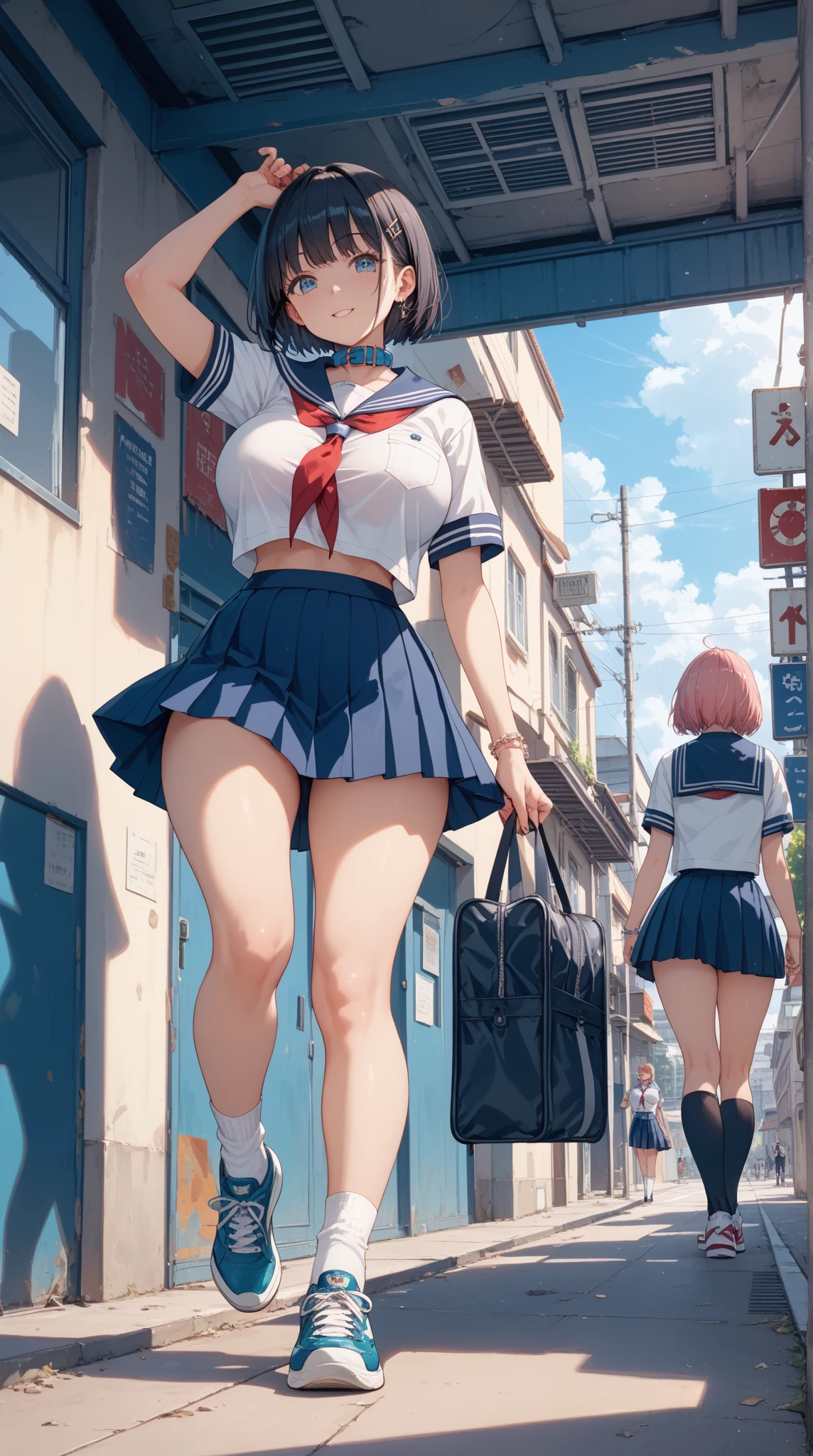 (((masterpiece, Highest quality, High resolution, 超High resolution, Perfect Pixel, Depth of written boundary, 4K, RTTX 10.0))), Beautiful Anime Woman, Beautiful art style, Anime characters, ((Smooth texture, Realistic texture, Anime CG Style)), Exact finger count、Exact number of legs、(Exact number of arms:1.0, Exact number of hands:1.0), (Perfect hands, Perfect Anatomy), Cinematic, Realistic, Extremely detailed CG, Daytime lighting, Perfect lighting, Best Shadow, The best natural light, whole body, Perfect body, (Slender body:1.2), ((bangs, Dark reddish brown hair, Bobcut)), (Detailed face, Beautiful Face, Cute Face), (An adult woman is walking while lifting her skirt with her hands.:1.4), (Fashionable white shirt, Sailor collar, Navy blue knee socks, loafers, Navy pleated mini skirt:1.3)、Angle from the front, ((Sexy and stylish blue underwear:1.3), (Stylish shiny blue satin panties, Side-tie blue panties, Blue panties with plain blue in the center and black lace on the sides:1.3), (Thin panties:1.3)), (Beautiful big boobs, The chest area of the shirt is tight:1.17), (Beautiful and thin thighs:1.3), Feeling embarrassed, (blush:1.2), (Very embarrassed look:1.5), A very patient expression, (City hustle and bustle, Buildings on the background, Sidewalk, Intersection in the background, Akihabara-like streetscape, Many people dressed in clothes in the background々:1.4), Nakaseko Kaori
