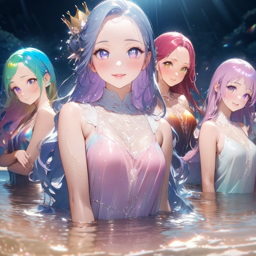 Two more dark blue and light blue hair mermaids sat in the deep ocean A mermaid