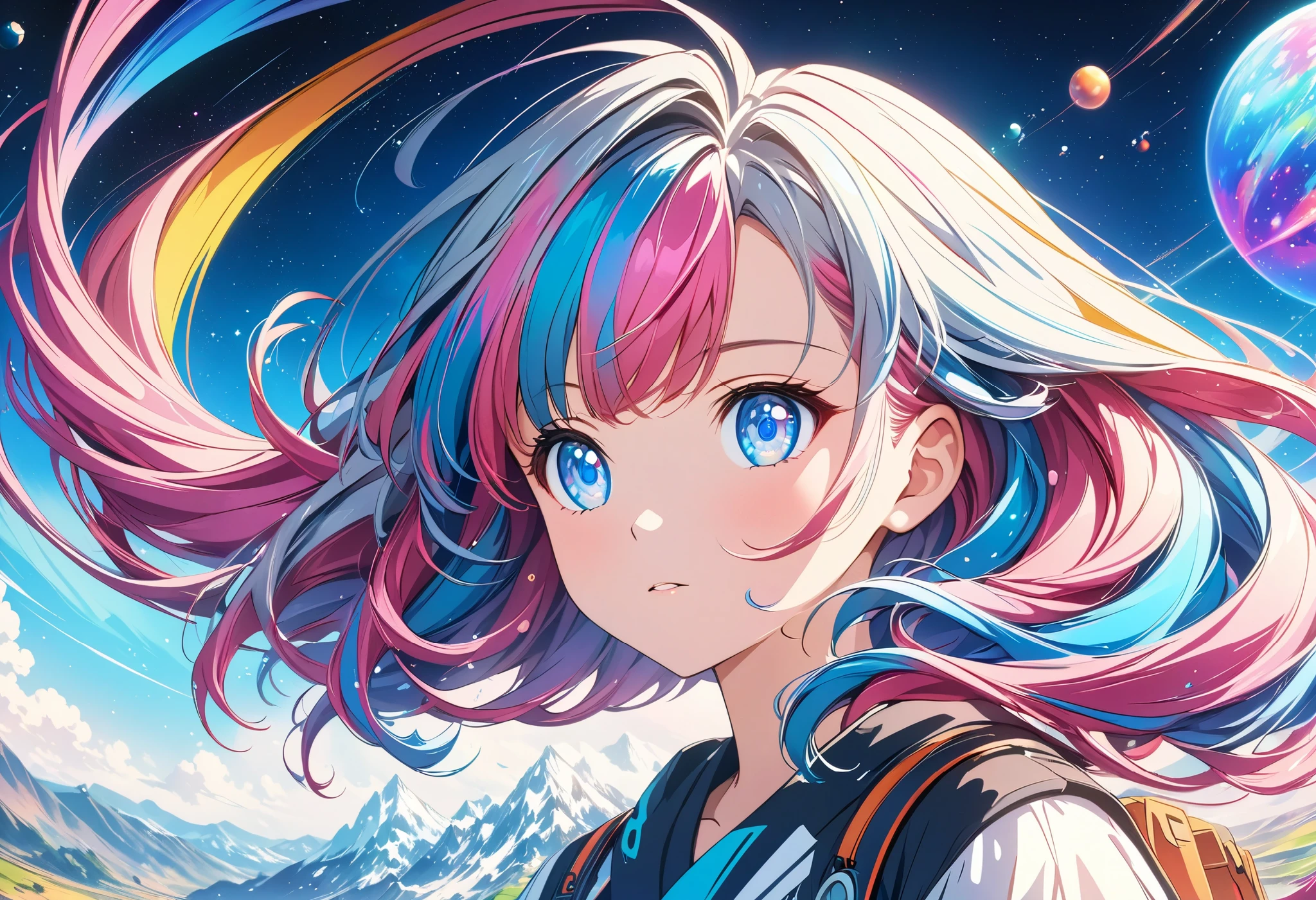 Anime girl with colorful hair and blue eyes looking at something, anime style 4 k, Anime Art Wallpaper 4k, Anime Art Wallpaper 4K, Anime Art Wallpaper 8K, Beautiful Anime Style Portraits, beautiful Anime style, The animated girl with space hair , anime style. 8k, anime style portrait, anime styled digital art, Digital Anime Art, Anime style