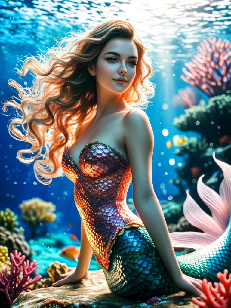 A stunning conceptual illustration of a beautiful mermaid silhouette gracefully swimming beneath the shimmering surface of the sea. Her flowing, iridescent tail blends seamlessly with the vibrant coral reef that surrounds her. The corals are a kaleidoscope of colors, from deep reds and purples to bright yellows and greens. The scene is bathed in a soft, ethereal light, creating a dreamy, otherworldly atmosphere., illustration, conceptual art