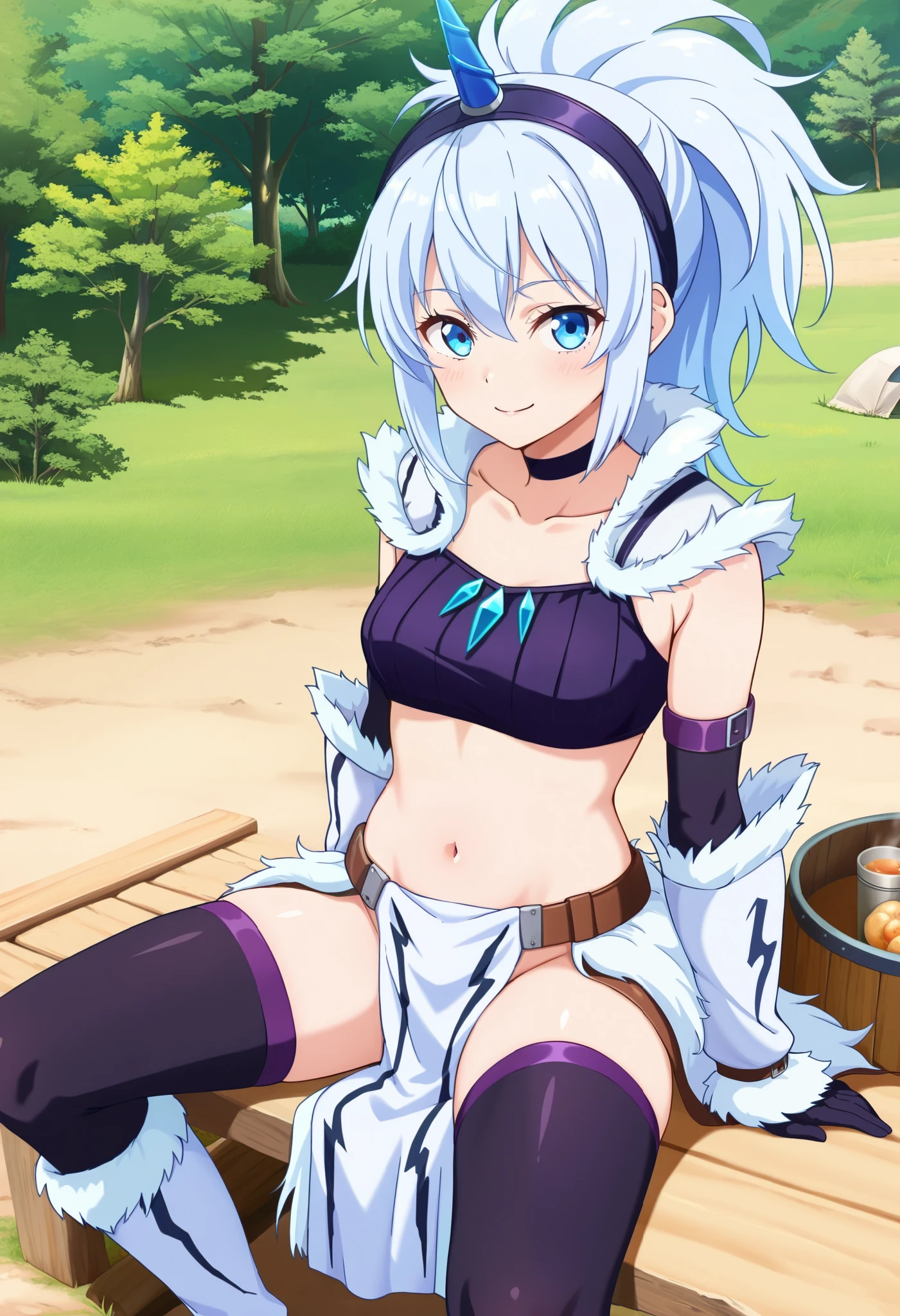 (score_9:0.9),score_8_up,score_7_up,rating_explicit,anime_style,(zPDXL),kirin beta armor,purple_single_horn_hairband,white detached sleeves,BLAKE,1young_girl,solo,blue eyes,looking at viewer,sitting,smile,plain_background,medium breasts,,closed mouth,collarbone,black bandeau,white loincloth,white_knee_boots, camp, campdire,black_knee_highs ,white_tubetop,open_legs,(abs:0.7),(white_spiky_hair:1.4),white_chest_armor,white_fur_waste_armor,
