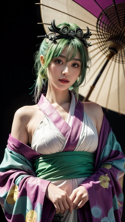 real Life adaption of this character,her name is konan from anime boruto ,hyper realistic ,detailed light lavender color hair with flower paper , high resolution, photorealistic,very detailed,realistic outfit sexy kimono,Japanese teen beautiful ,detailed shining orange eyes,(photorealistic:1.2)