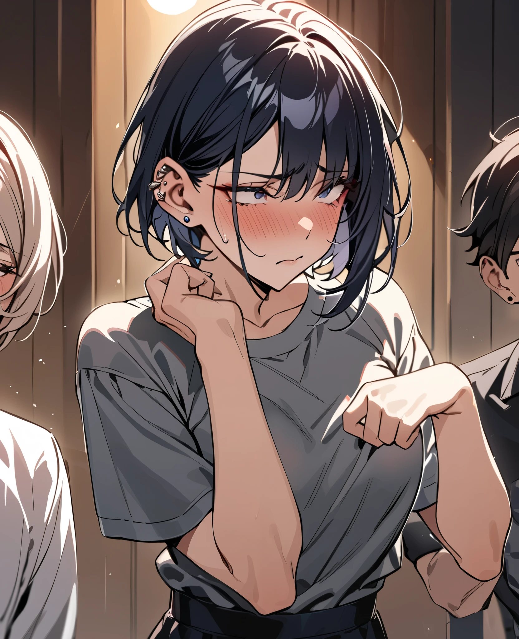 ((masterpiece, best quality)), androgynous male, feminine features, short hair, bob cut, blushing cheeks, embarrassed expression, shy pose, averting eyes, hand covering mouth, delicate jawline, soft eyes, long eyelashes, slender build, slightly feminine body shape, fair skin, subtle makeup, ear piercings, casual stylish clothing, ambiguous gender presentation, bishonen, pretty boy, (high quality), perfect lighting, detailed face