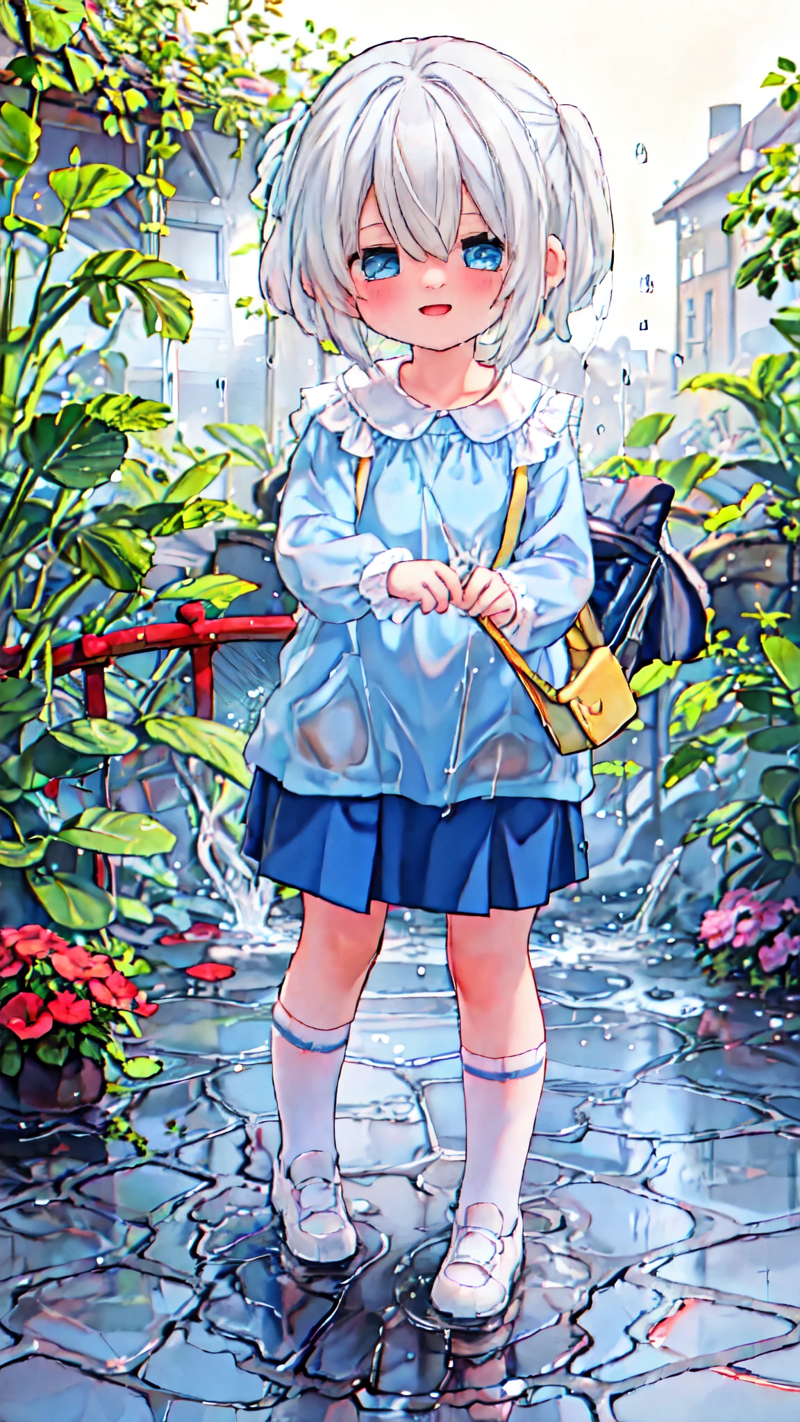 absurd, ５age, ergarten Mom's Clothes, blue smock,  dark blue skirt ,  cute, Heavy Rain, pours down very hard, soaked, Street lamp, ENERGETIC, fun,  best smile,  with wet clothes , Water-soaked Smock, wet, Wet Skirt, Wet Skirt, 