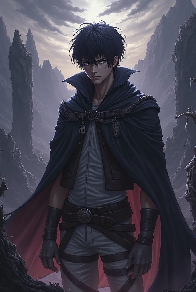 Create the image of a hunter in the style of Trevor Belmont from the anime Castlevania, he must be wearing a chain/whip as main weapon, must have black clothes and a furry cloak, all in the style of the anime Castlevania
