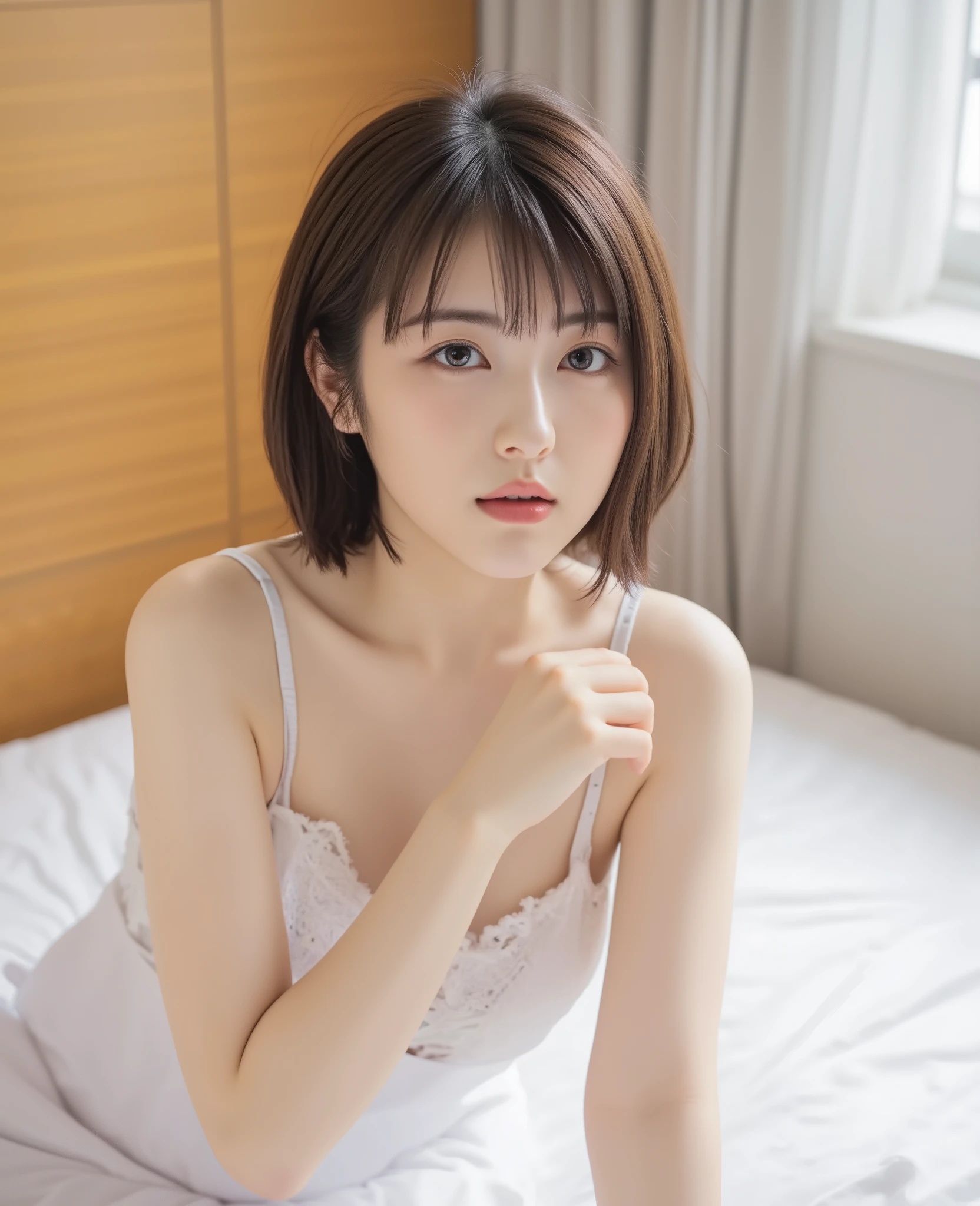 ((Best Quality, 8k, Masterpiece: 1.3)), 1 girl, Beautiful woman with Latino blood, slender abs: 1.3, (Highlight haircut, Breast A-cup: 1.2), Black see-through: 1.1, Ultra detailed face, detailed eyes, double eyelids, full body Underwear on the bed