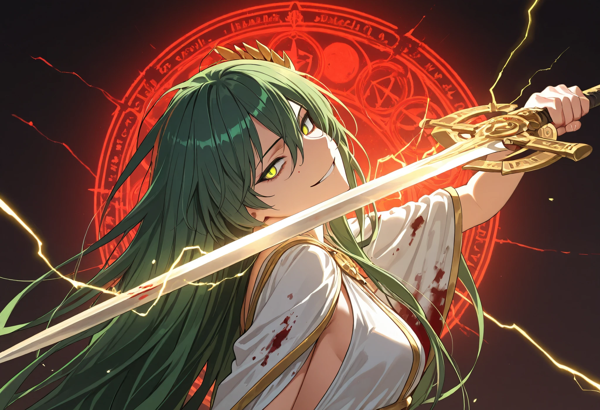 (portrait, solo:1.3), extremely detailed. (sword dance, sword circle, magical network, detailed background, magic circle,magic array:1.13), detailxl, Anime illustration, detailed anime artstyle, cinematic, volumetric lighting, clear sky, massive magical aura, moonlight, cold light, colorful, light reflection, (beautiful, maiden, antagonist, villainess, head tilt, looking over her shoulder, teasing, death glare, death stare, flirty, romantic, french, royalty, sultry:1.2), (glaring at viewer, side eye side profile, from the side, looking at viewer, head tilted upwards:1.0), (1girl:1.08), mature, chaos warrior, adolescent, detailed skin, extremely detailed eyes, dynamic pose, aura swords, armor, green hair, very long hair, messy hair, hair flowing in the wind,  green eyes, golden eyes, long hair, (crazy smile, yandere, gesugao:0.88), tsurime, (uniform, royal assassin, magical warrior, white royal dress, royal ornate greek dress, black and gold trimming, black and gold lining:1.03), laurel crown, (assassin french dress, blood stained clothes:1.2), bloody sun, red sun, warrioress, goddess, god of war, bringer of destruction, small breasts, array of swords, sword array, sword magic, dual wielding, wielding swords, lightblades, (magical swords, magic, wielding magic, wielding swords, lightning eyes:1.3)