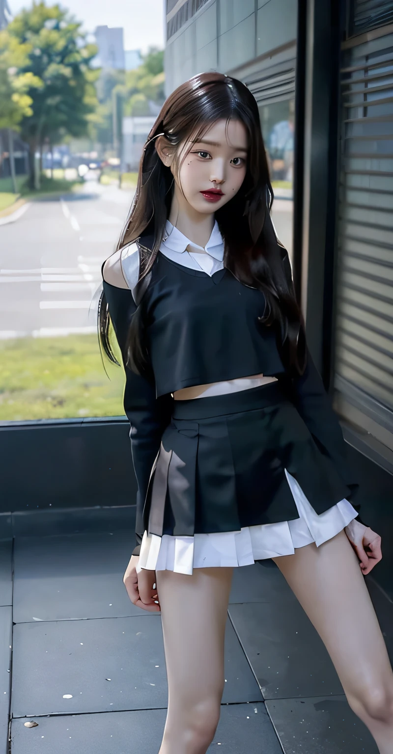 arafed woman in a white shirt and black skirt posing for a picture, open v chest clothes, wearing a blouse, jisoo from blackpink, wearing a cute top, intriguing outfit, her wardrobe is attractive, wearing skirt, dressed with long fluent clothes, cruel korean goth girl, hands behind her body pose!, tiktok video, with straight black hair, wearing tight simple clothes