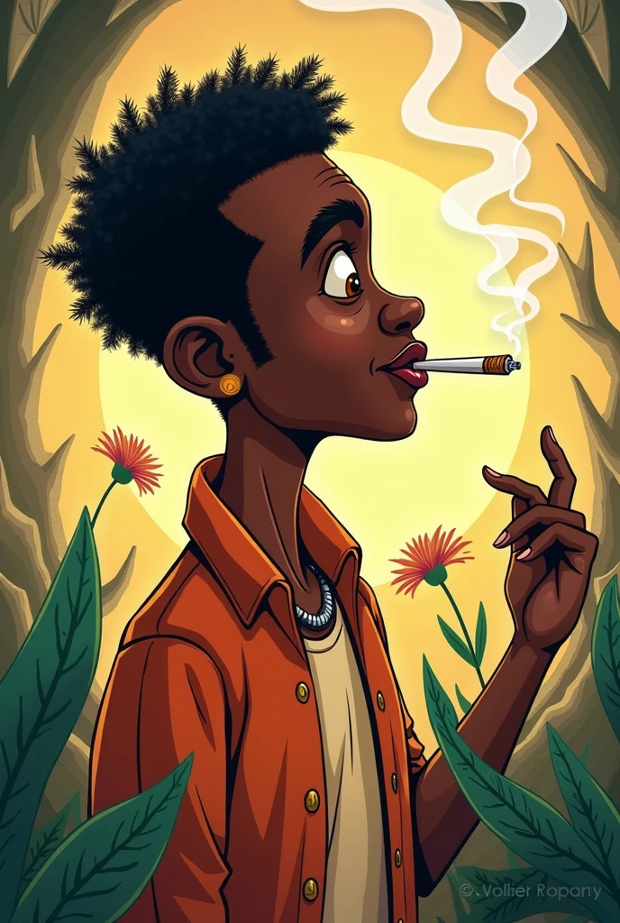 ((Manga art-style)) A being that is usually represented as a young black man, with only one leg, wearing simple clothes, such as shorts or short pants, and a red hat. He carries a pipe and is enveloped in a cloud of smoke.
((one leg is missing:)1.37)