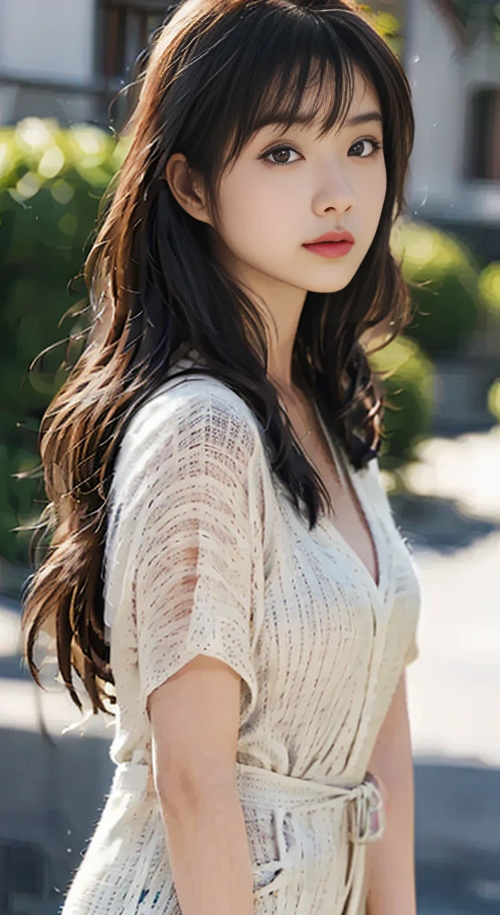 (Best Quality, 8k, 32k, Masterpiece, UHD: 1.2), Cute Japan Woman Picture, 1 Girl, (Small: 1.1), (Tall Woman), (Slim Figure: 1.1), (Lips), (Middle Tall Dark Brown Hair), Double Eyelids, Wet White Shirt, Realistic Rays, Beach