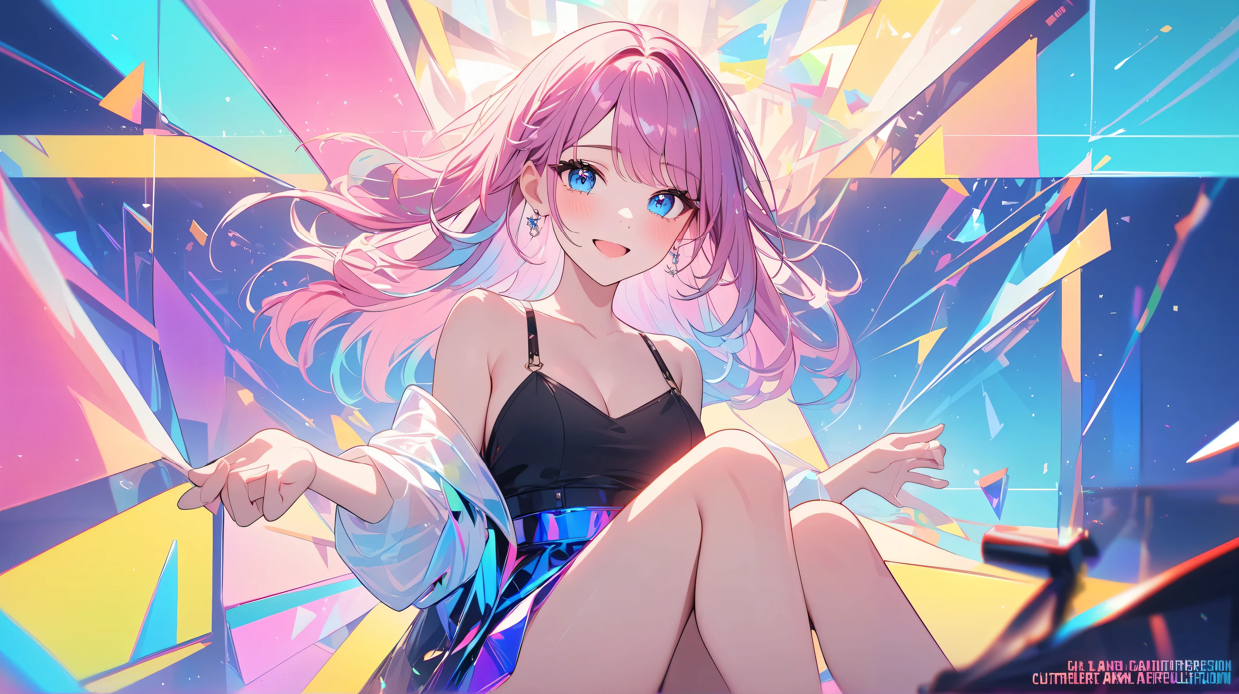 Anime girl with pink hair and blue eyes sitting on a chair - SeaArt AI