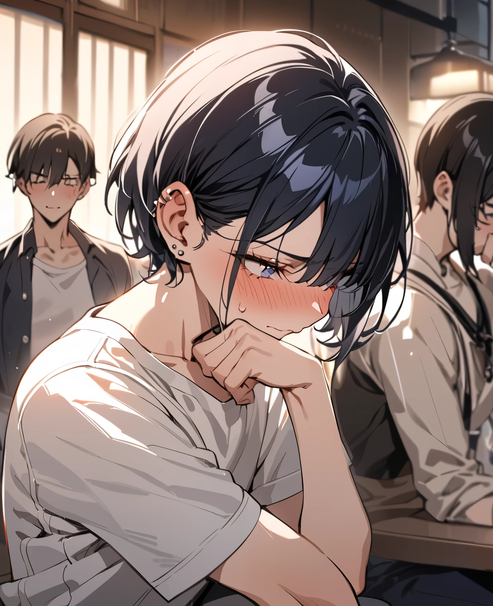 ((masterpiece, best quality)), androgynous male, feminine features, short hair, bob cut, blushing cheeks, embarrassed expression, shy pose, averting eyes, hand covering mouth, delicate jawline, soft eyes, long eyelashes, slender build, slightly feminine body shape, fair skin, subtle makeup, ear piercings, casual stylish clothing, ambiguous gender presentation, bishonen, pretty boy, (high quality), perfect lighting, detailed face