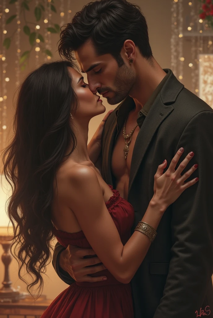 A beautiful woman with long black hair and a provocative, seductive and sexy red dress together with a bearded man with lots of hair on his chest and belly and his white shirt completely unbuttoned in a seedy subway having sex (and also touching her tits)