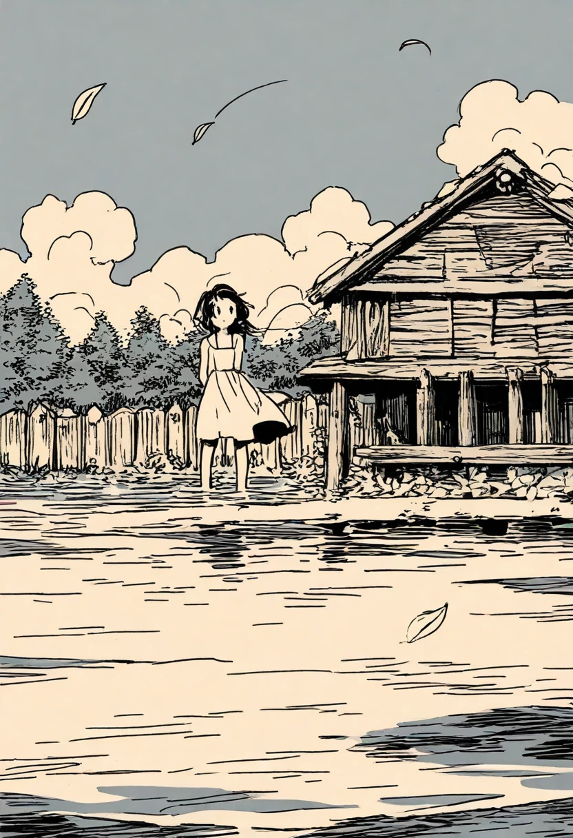 Just, figure, draw, pencil, Line Art, black-white, lake shaded, trees, leaves float on the water, Wooden hut, smoke comes from the chimney, Dashed clouds, clear contours,  wooden fence , , a girl , wearing a dress, hair Develop in the wind,  hands on the fence , looks at the lake, Expressive clear lines, aesthetically pleasing, dynamic shadows , casting shadows, 8 k, best quality, beautiful job , completed masterpiece, Nice drawing, 