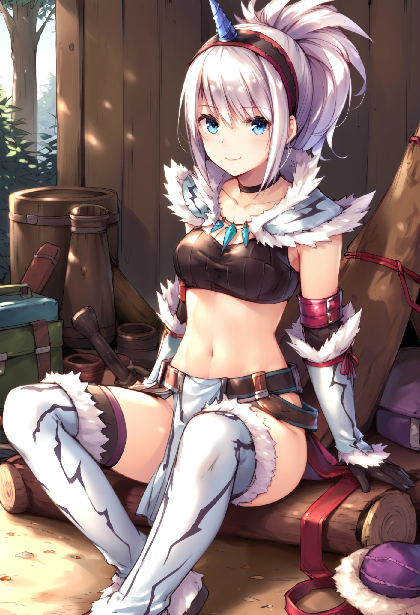 (score_9:0.9),score_8_up,score_7_up,rating_explicit,anime_style,(zPDXL),kirin beta armor,white single horn hairband,white detached sleeves,ung_girl,solo,blue eyes,looking at viewer,sitting,smile,plain_background,medium breasts,,closed mouth,collarbone,black bandeau,white loincloth,BLAKE,medium_breasts,white_knee_boots, camp, campdire,black_knee_highs ,white_tubetop,open_legs,(abs:0.7),(white_spiky_hair:1.4),white_chest_armor,white_fur_waste_armor,