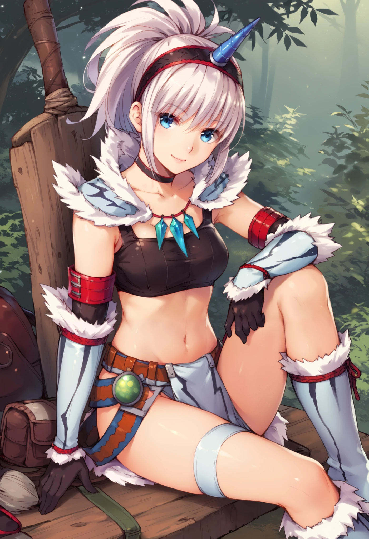 (score_9:0.9),score_8_up,score_7_up,rating_explicit,anime_style,(zPDXL),kirin beta armor,white single horn hairband,white detached sleeves,ung_girl,solo,blue eyes,looking at viewer,sitting,smile,plain_background,medium breasts,,closed mouth,collarbone,black bandeau,white loincloth,BLAKE,medium_breasts,white_knee_boots, camp, campdire,black_knee_highs ,white_tubetop,open_legs,(abs:0.7),(white_spiky_hair:1.4),white_chest_armor,white_fur_waste_armor,