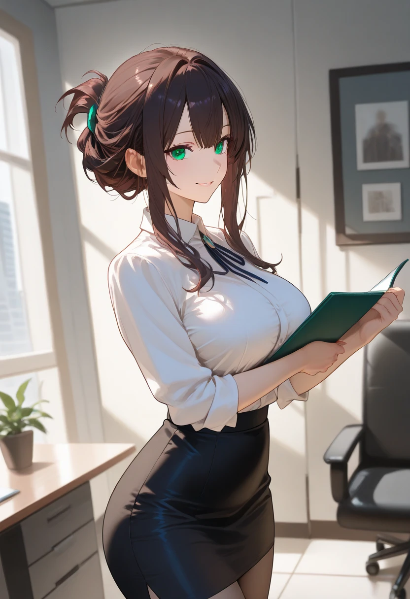 nozomitoujou, nozomi toujou, green eyes, beautiful detailed eyes, curly hair, large breasts, masterpiece, best quality, high resolution, good lighting, detailed CG, messy hair, worried, button-shirt, collarbone, pencil skirt, clipboard, id badge