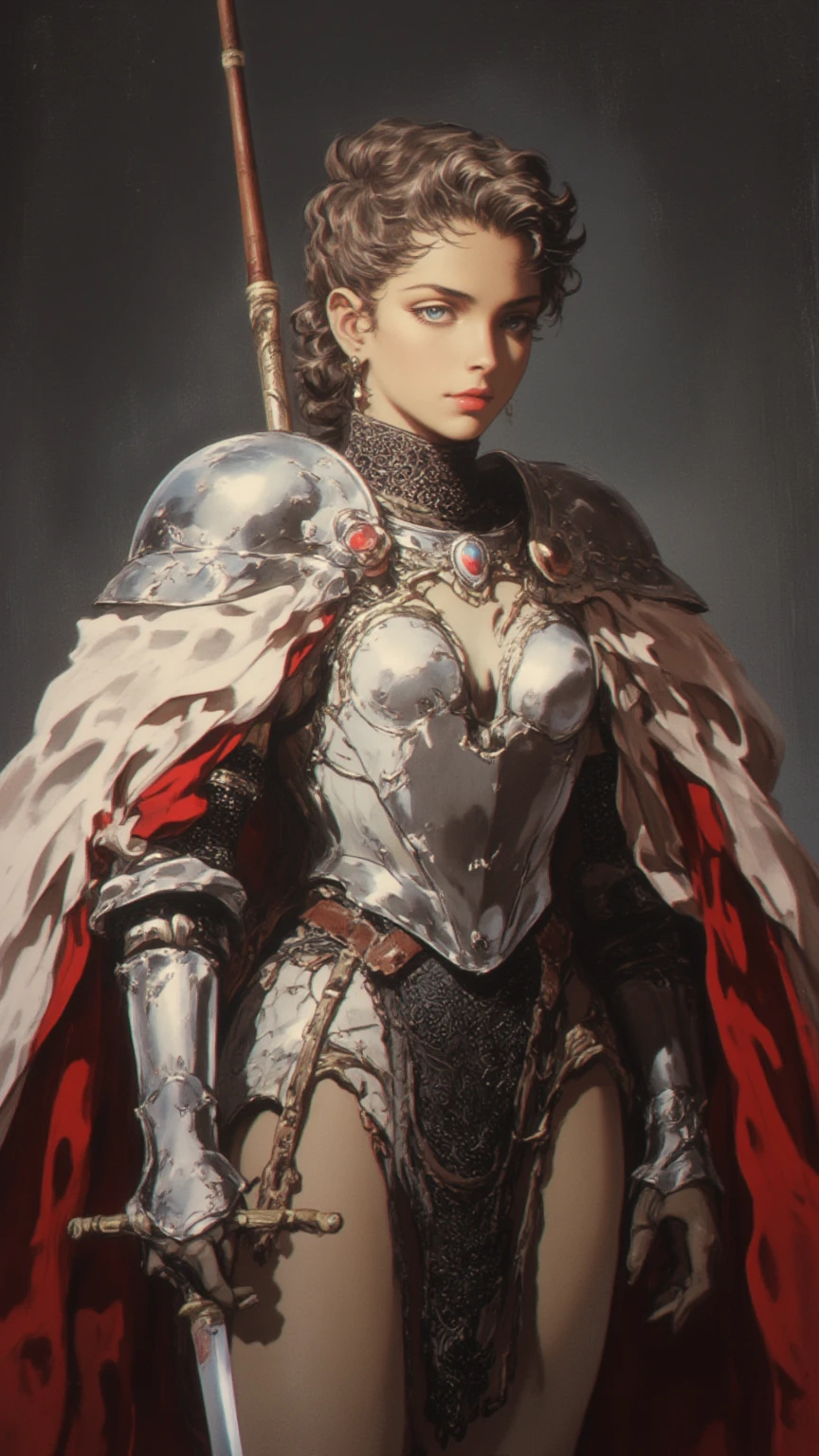 Female Knight, Beautiful , full body,Joel Robinson's style, light white and dark red, Classical figurative realism, Oliver Singer, ZBrush Center, Renaissance, Ansolo's masterpiece, super detailed fantasy character, high accuracy , fear! high accuracy, (high accuracy figure),