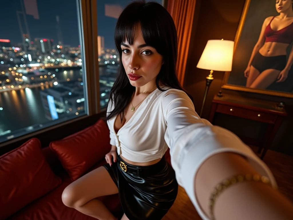 8k, RAW photo, best quality, ultra high resolution, (photorealistic), realistic photo of skinny egyptian girl model, (egyptian girl, 20 years old, most beautiful egyptian girl in the world, slim face, thick thighs, brown hair, wavy hair), in the dubai city downtown, dubai city, scyscrapers, (burj khalifa), bright light, (full body picture), ((photo from the side)), laying on she red sofa, prone pose on the sofa, prone pose, sexy pose, (wearing (black lapel, black miniskirt, knee high boots)), ((looking at viewer 1:2)), shy smile, romantic, (extremely detailed CG unity 8k wallpaper), Sharp focus, (bright light)
