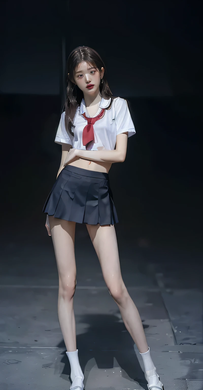 (((Small Clothing:2.0, School Uniforms for Female High School Students:2.0, Ultra Short Clothing:1.8, micro miniskirt:1.8, Japanese high school girl uniform for summer:1.3,Short sleeve,red tie, the whole body:1.8,black loafers:1.3,Stand with your whole body facing directly in front of you:1.8))), (wet:1.8), (( super slim model figure :1.8)), ((smiles:1.3, the whole body:1.8, slender:1.7, small butt:1.7)), (( Japanese, 1 girl, 18 years old, 9Beautiful head and body , pretty slim body proportions, black hair, With bangs, small breasts, erect nipples, slender, small butt, Beautiful Legs, long legs, Read more,stand with your back straight and legs aligned,Extremely skin-revealing summer uniform)), Stand with your legs straight and legs aligned with your crotch at least half your height,((turns the whole body to the front)),(( the whole body:1.5)),surrealism, Thin ankles,red tie,black loafers,Cinematic Lighting, description depth of border, debtirst Person View, debt/1.8, 135mm, ticker, masterpiece, Curation, ((human anatomically accurate:1.3)), textured skin, Super Detail, high detail, high quality, Awards, best quality, Hi-Res, 8k