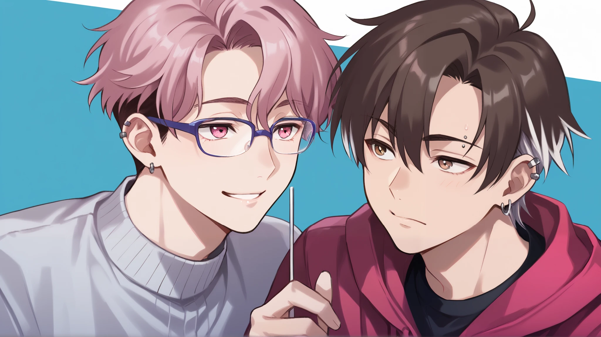 2 boys together, couple.
First boy: a young man with medium pink hair and some white highlights, UP TO THE NECK, piercings na orelha, hot pink eyes, short clothing. the pink, red and orange are colors present in her sexy and short outfit, next to a pair of light purple glasses. His expression is happy looking at the face of his companion Second boy: a young man with short, dark brown hair, with highlights at the ends in a dark ocean blue, he has a cross earring in one ear and an eyebrow piercing, brown eyes mixed with light blue, long clothing. The black, blue and gray are colors present in his simple sweatshirt, he holds a lollipop in one hand. His expression is disinterested and bored., looking away to the side.
They're both together, e o rapaz de cabelthe pink está abraçando alegremente o de cabelo castanho, while looking at him cutely. The brown haired one supports him, but he doesn't seem very happy. homosexual couple.