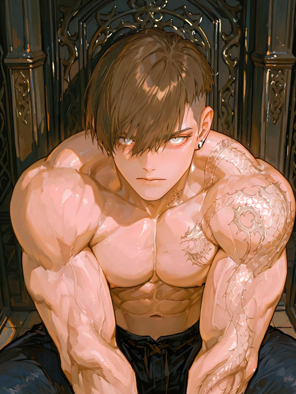 high quality, detailed, Realistic,flexing, (19 years old japanese bulky boy), (detailed black eyes), (black short hair), (muscle:1.5), (dark skin), dungeon bedroom, (leather tiny thongs), (bulge:1.2), detailed nipples, laying, erected,