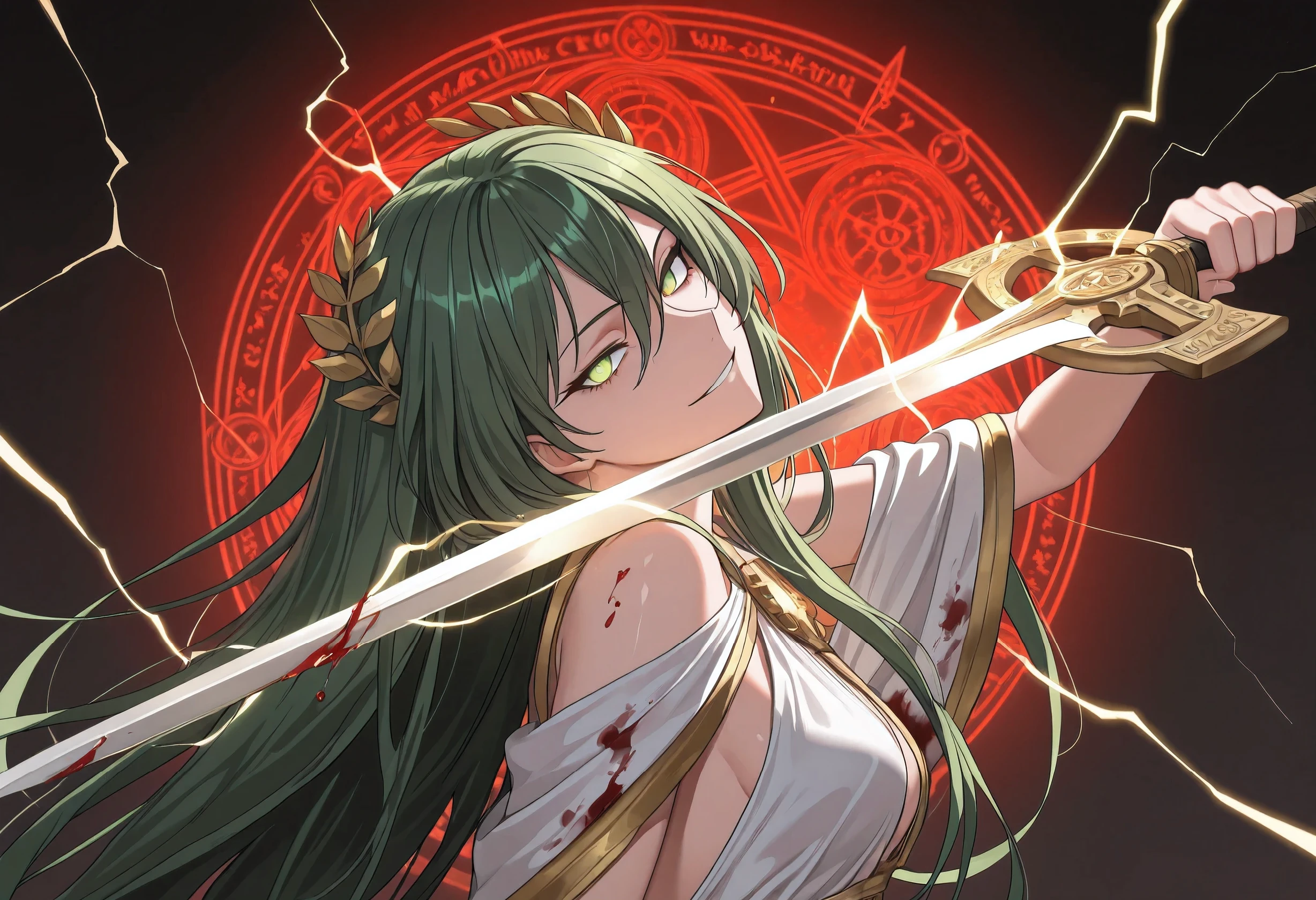 (portrait, solo:1.3), extremely detailed. (sword dance, sword circle, magical network, detailed background, magic circle,magic array:1.13), detailxl, Anime illustration, detailed anime artstyle, cinematic, volumetric lighting, clear sky, massive magical aura, moonlight, cold light, colorful, light reflection, (beautiful, maiden, antagonist, villainess, head tilt, looking over her shoulder, teasing, death glare, death stare, flirty, romantic, french, royalty, sultry:1.2), (glaring at viewer, side eye side profile, from the side, looking at viewer, head tilted upwards:1.0), (1girl:1.08), mature, chaos warrior, adolescent, detailed skin, extremely detailed eyes, dynamic pose, aura swords, armor, green hair, very long hair, messy hair, hair flowing in the wind,  green eyes, golden eyes, long hair, (crazy smile, yandere, gesugao:0.88), tsurime, (uniform, royal assassin, magical warrior, white royal dress, royal ornate greek dress, black and gold trimming, black and gold lining:1.03), laurel crown, (assassin french dress, blood stained clothes:1.2), bloody sun, red sun, warrioress, goddess, god of war, bringer of destruction, small breasts, array of swords, sword array, sword magic, dual wielding, wielding swords, lightblades, (magical swords, magic, wielding magic, wielding swords, lightning eyes:1.3)