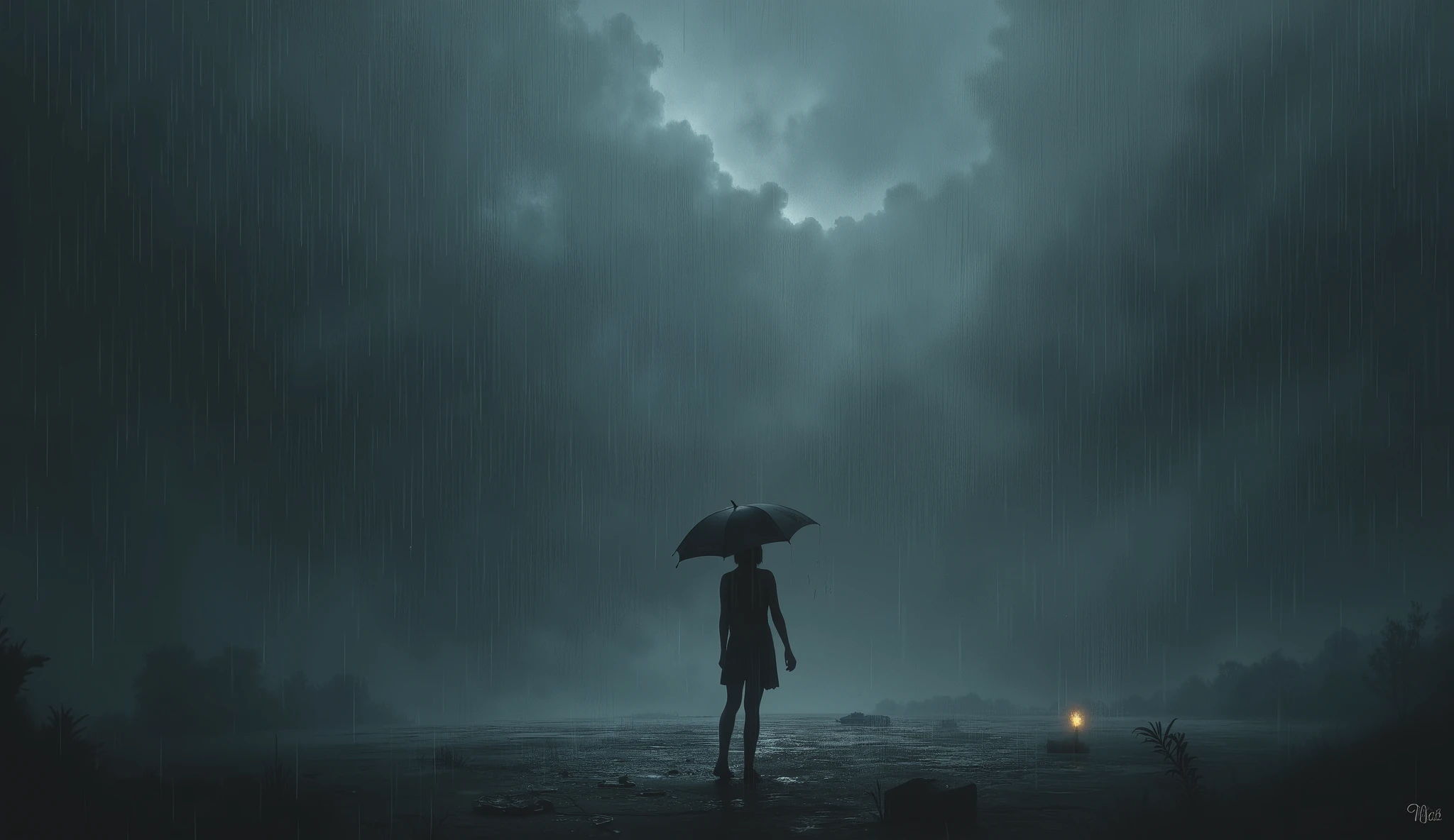 Create a dark, moody background image with a mix of stormy tones like deep grays, blues, and blacks. Feature a lone figure standing in the rain, symbolizing isolation and heartbreak, with heavy rain and storm clouds to evoke emotional chaos. Include a faint, ghostly silhouette of a person walking away or fading into the rain, representing the lost love and the desire to let go. Add a broken or discarded object, such as a shattered umbrella or a torn photograph, to symbolize the broken relationship and the act of moving on. Incorporate subtle cultural elements like floral motifs, batik designs, or glowing lanterns to resonate with Taiwanese, Malaysian, and Vietnamese viewers. The overall mood should feel heavy with sadness, regret, and a sense of release, appealing to a young, trend-savvy audience."