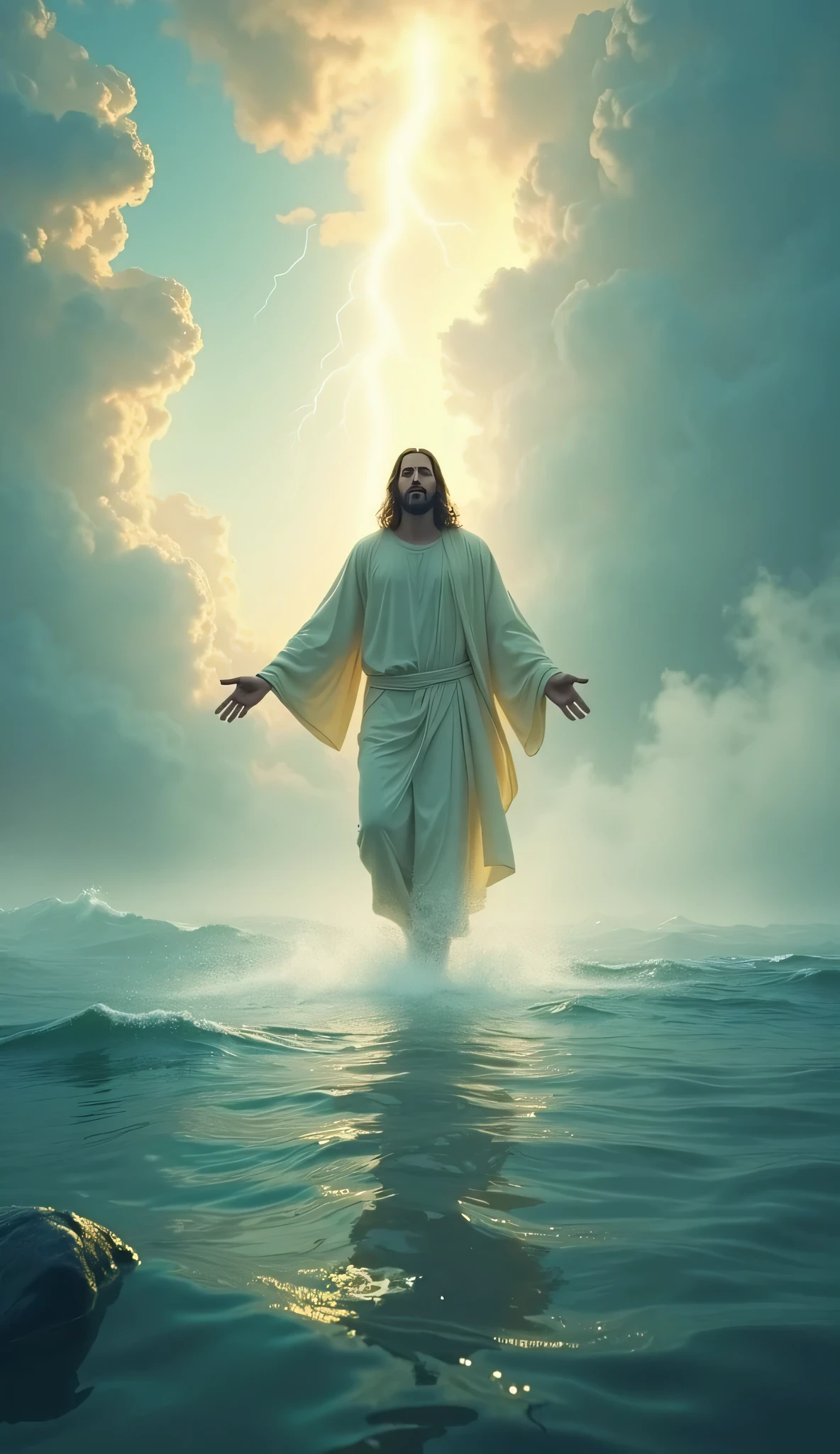 jesus walking in the water with clouds in the sky, behinde him there is a lighting