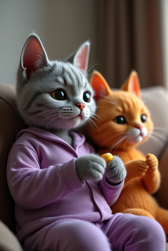 an adult gray human cat, high, with defined facial lines and slim, wearing a skinny lilac, Sitting on the couch watching TV, Your wife adult orange human cat with fine features on her side, smiling and pointing at the TV and eating snacks wearing 3D pajamas
