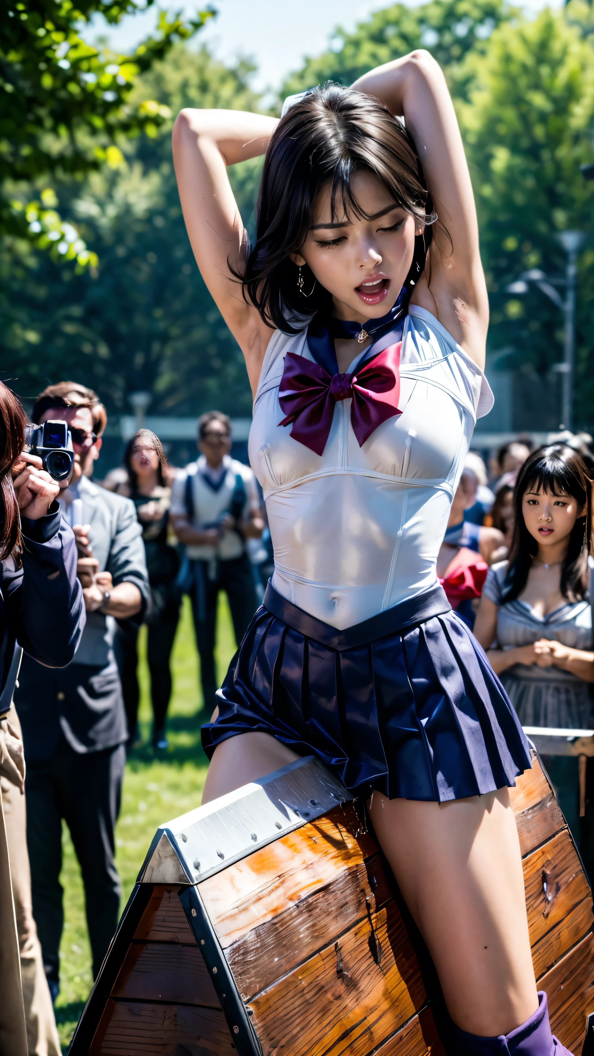(The 8k quality, Ultra-high-resolution quality, Ultra high definition, Photorealistic, Best Quality):1.5, (masterpiece):1.4,
(camera angle from right front):3.0,
(Public humiliation on an outdoor stage surrounded by an audience):5.0,
(nsfw, depiction of beautifully shaped wooden horse surrounded by five muscular men with whips):10.0,
(beautifully shaped bewitching sailor saturn with striding on wooden horse, extremely super large amount of squirting, exposed both armpits, be beaten with many whips by five men):12.0,
(sailor saturn, dark hair, short length hair, sailor senshi uniform, dark purple sailor collar, dark red bow, knee boots, dark red choker, white gloves, elbow gloves, jewelry, earrings, dark purple skirt, medium breasts):13.0,
(agony face with screaming, super orgasm face, flushed cheeks face, medium build, medium height):3.5,