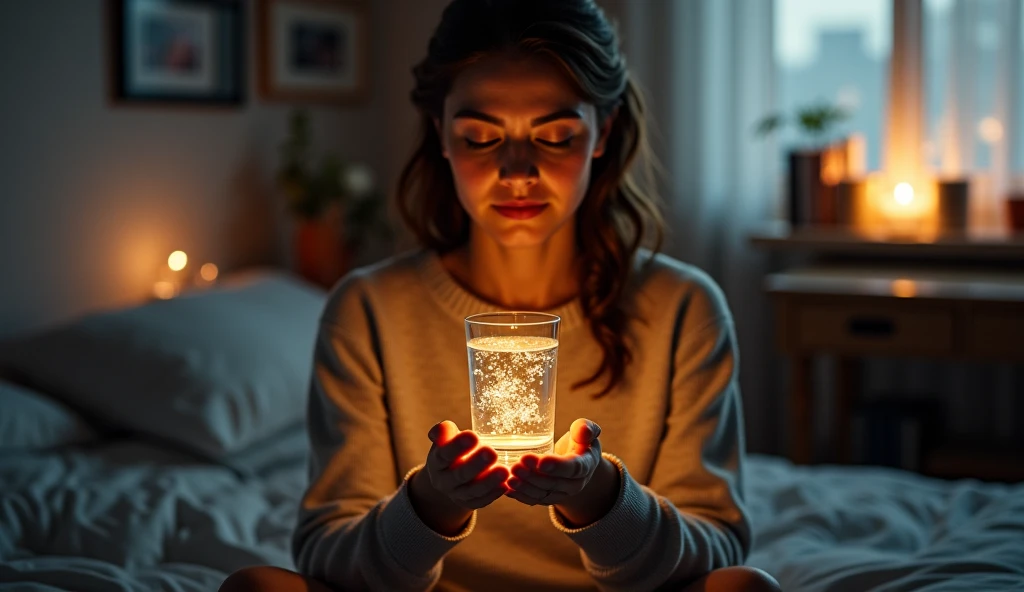 A young girl, with an olive-toned complexion and curly, honey-blonde hair, kneels on a plush, cream-colored carpet in a dimly lit room. The soft glow of warm, golden light emanates from a series of floor lamps, placed strategically around the space, casting a comforting ambiance. The girl's eyes, a bright, sparkling blue, are focused intently on the task at hand, her hands cradling the transparent liquid, which pours slowly into a gleaming, silver cylinder. The word "love" is scrawled across the cylinder in bold, black letters, the ink seeming to dance across the surface. In the background, the walls of the room are adorned with delicate, hand-painted murals, depicting scenes of nature and whimsical creatures, blending seamlessly with the warm lighting. The film grain is subtle, with a slight texture reminiscent of 35mm stock. The color grading is muted, with a slight warm bias, emphasizing the cozy atmosphere of the scene.