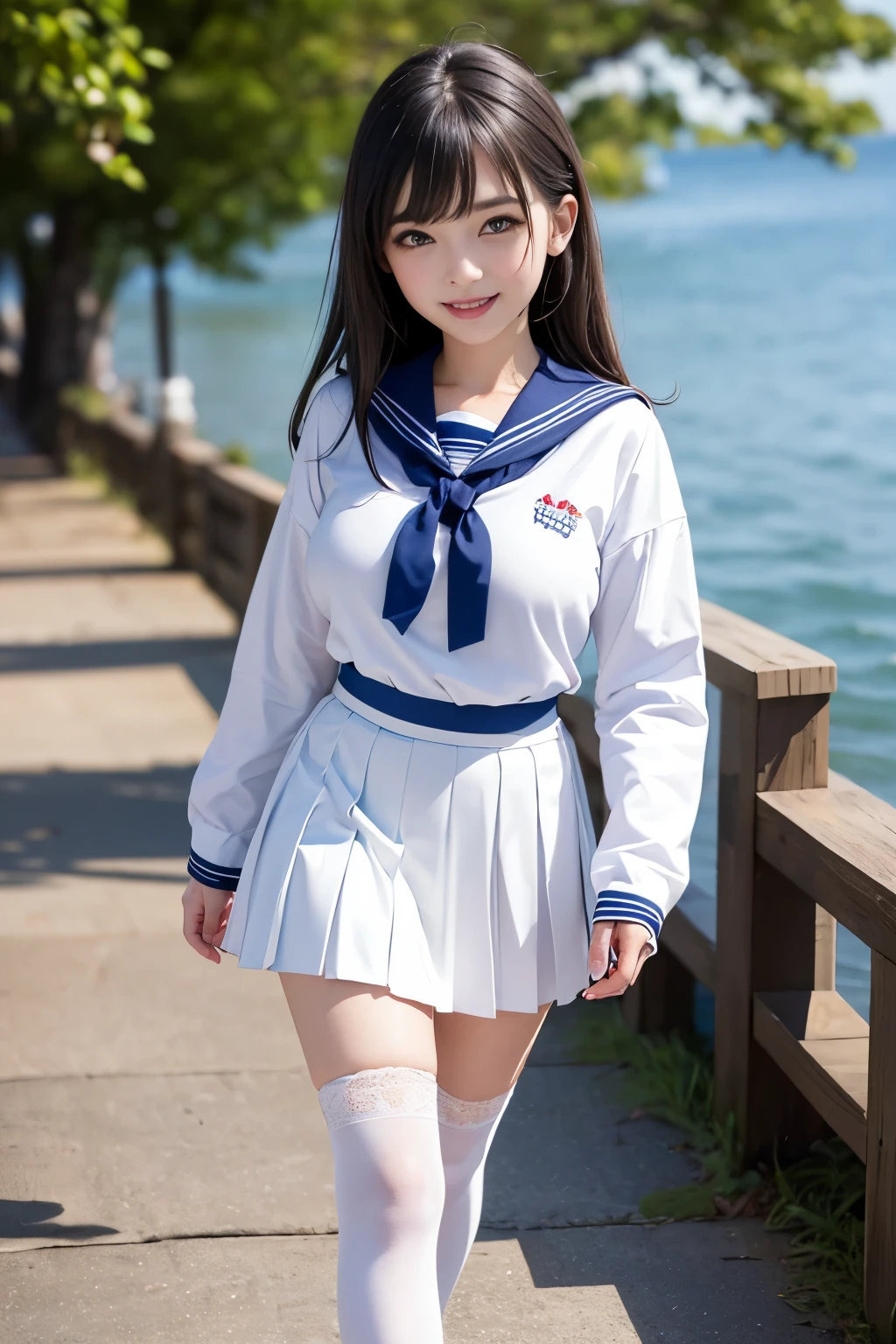Best quality, full body focus, full body shot, perfect face, soft light, ultra high res, 8k, Masterpiece, , , view the viewer, full body , Front view, (1girl:loli:1.5), , Cute face, (blue eys:1.5), (Dark brown Medium hair), beautiful medium breasts, , Beautiful boob, Beautiful finger, Beautiful hands, Beautiful arms, Beautiful feet, Beautiful legs, (high resolution detail of human skin texture) , ((white long sleeves sailor uniform, white pleated skirt, knee-high socks, white with lace trim, white pin high heels)), , Spring Lake Side,, , (( Walking, , smiling, nose blush) , )) , ,score_9, solo, no bra, no panties, ,
