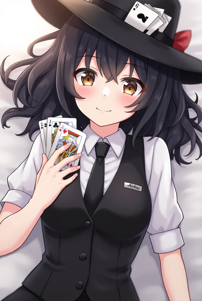 masterpiece, best quality, top hat, girl, tuxedo, portrait, holding a card, ace, poker ace, smiling, solo