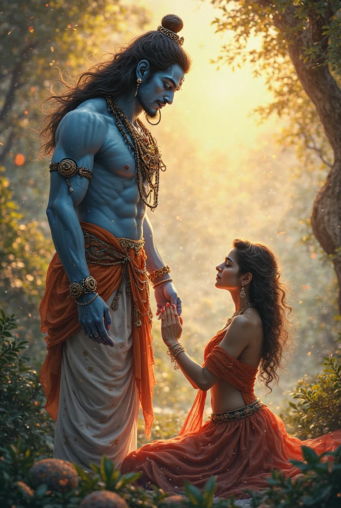ভগবান মহাদেব আশীর্বাদ করছেন এবং একটি মেয়ে ভক্তিসহকারে তার সামনে প্রণাম করছে। এরকম একটি অসাধারণ ছবি তৈরি করো।