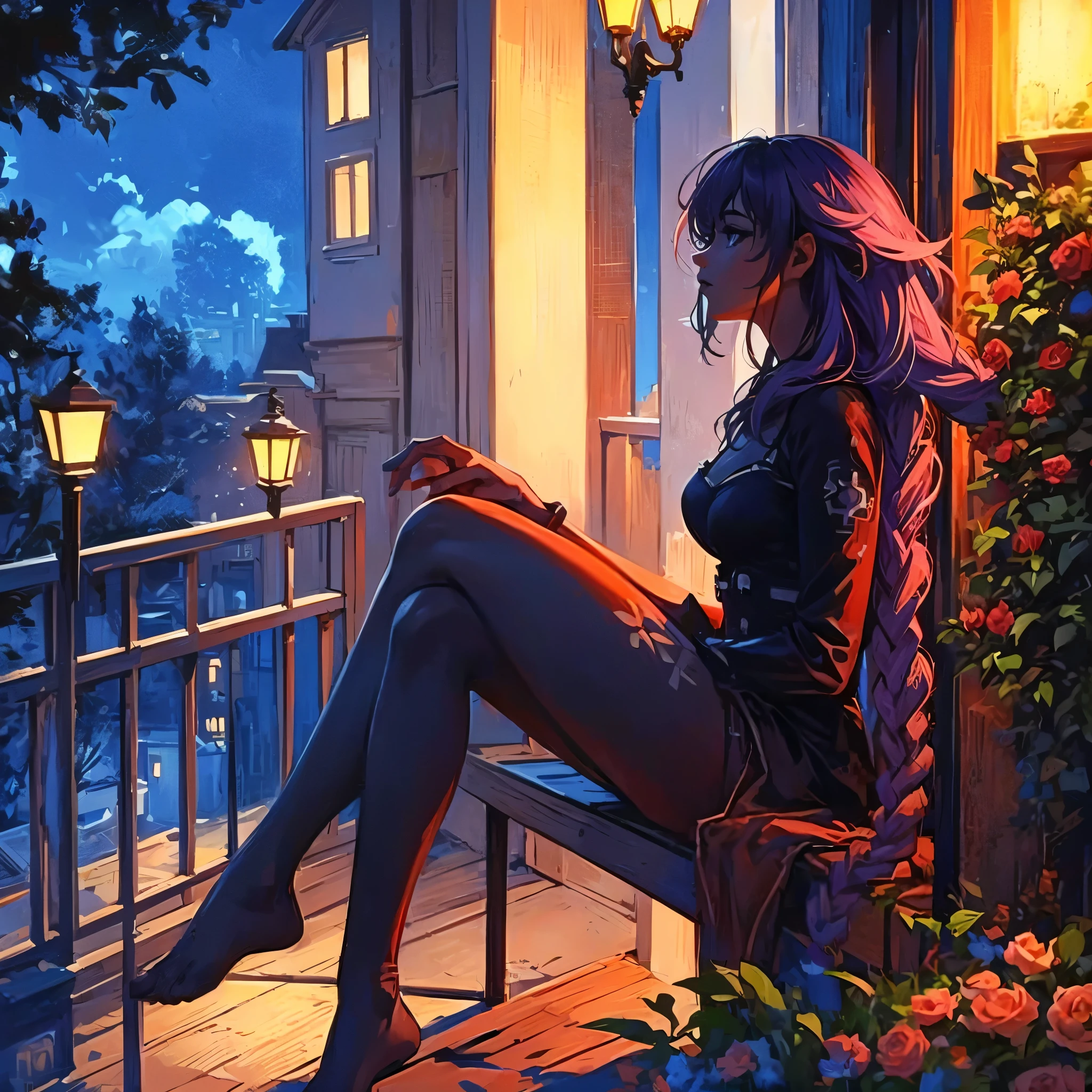 Neptunia sitting on a balcony at night and smoking
