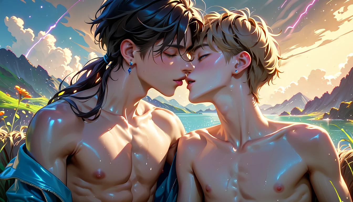 Best quality, masterpiece, very detailed, detailed background anime boys standing in the ocean at mid night, beautiful stars, anime beautiful peace scene, Superb, stunning, ultra high image quality, realistic, two 18 yo boys, (beautiful face 1.4), (big, constricted waist), short brown hair, bokeh, BL, muscle, beautiful light, shiny skin, small head, shirtless, deep kiss, hug, kissing on lips, feeling love,