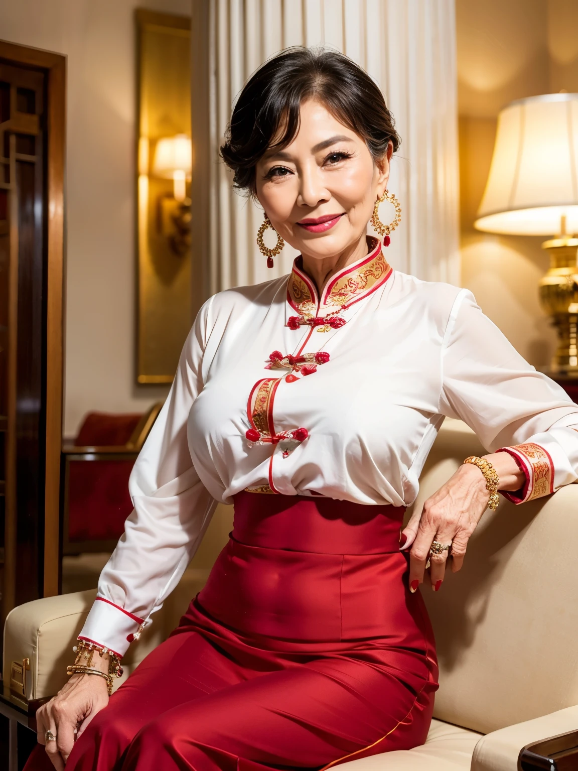 masterpiece, ((Great Focus)), 32K, Beautiful finish, Chinese, Beautiful mature woman, 65-year-old woman, Dutch Angle, Photo of your ID, Cool look, Red lips, Thin lips, China dress, round 1, Light from the front,