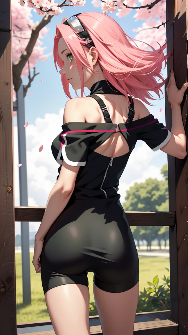 1girl, natural lighting, masterpiece, highly detailed, illustration, game CG, absurdres, high quality, aichan, large breasts, beautiful detailed eyes, medium bright pink hair, ponytail, bangs, glossy lips, blush, garden, minidress, lace panties, from behind, looking back at viewer