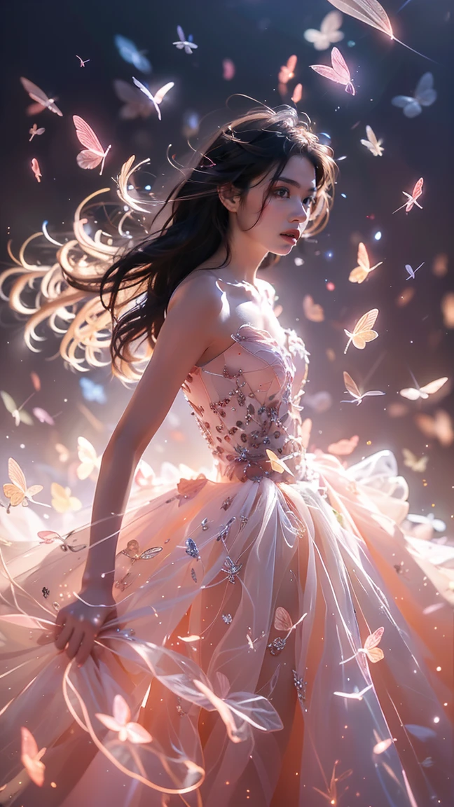 Beautiful dance pose, She gently lifted her skirt with one hand, Long legs , In the pool, ((Flowing long hair))Official Art , Unity8k Wallpaper , Extremely detailed , Visible cleavage, Pretty and beautiful , 性感Long legs, masterpiece , best quality ,Practical, Very detailed illustrations ,Extremely detailed , Intricate details , Extremely complex and detailed , Very detailed 8KCG wallpaper , Caustics .reflection , Ray Tracing , Devil theme ,nebula ,Dark aura, Network Effects , (1 girl)solitary , 小蓝Butterfly , There are dozens of monarch butterflies around , (Blue plasma flame , (insect , Butterfly)) Pastel tones in Rococo style ,Light white and light dark red , Incredibly beautiful , Cherry blossoms , Surrealism ,painting , Ethereal , Mixing reality and fantasy elements ,Ray Tracing , Complex Mode , Exquisite lines , Perfect your hands, Starry Sky , Colorful , Star