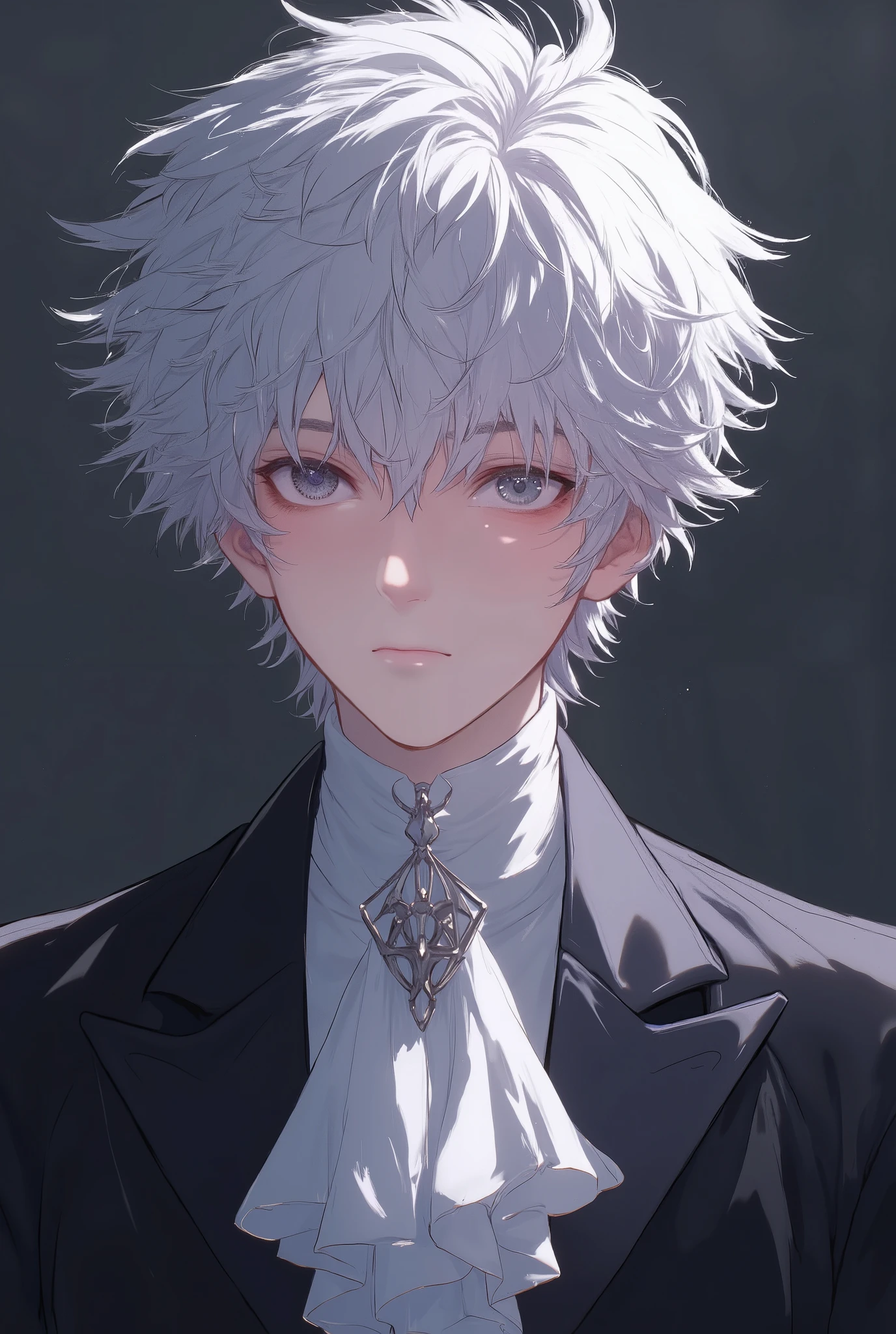Boy, silver hair, dark blue eyes, sharp features, sharp nose, light white skin, shiny light pink lips, handsome, perfect, elegant, wearing formal clothes, high quality resolution, clear colors.