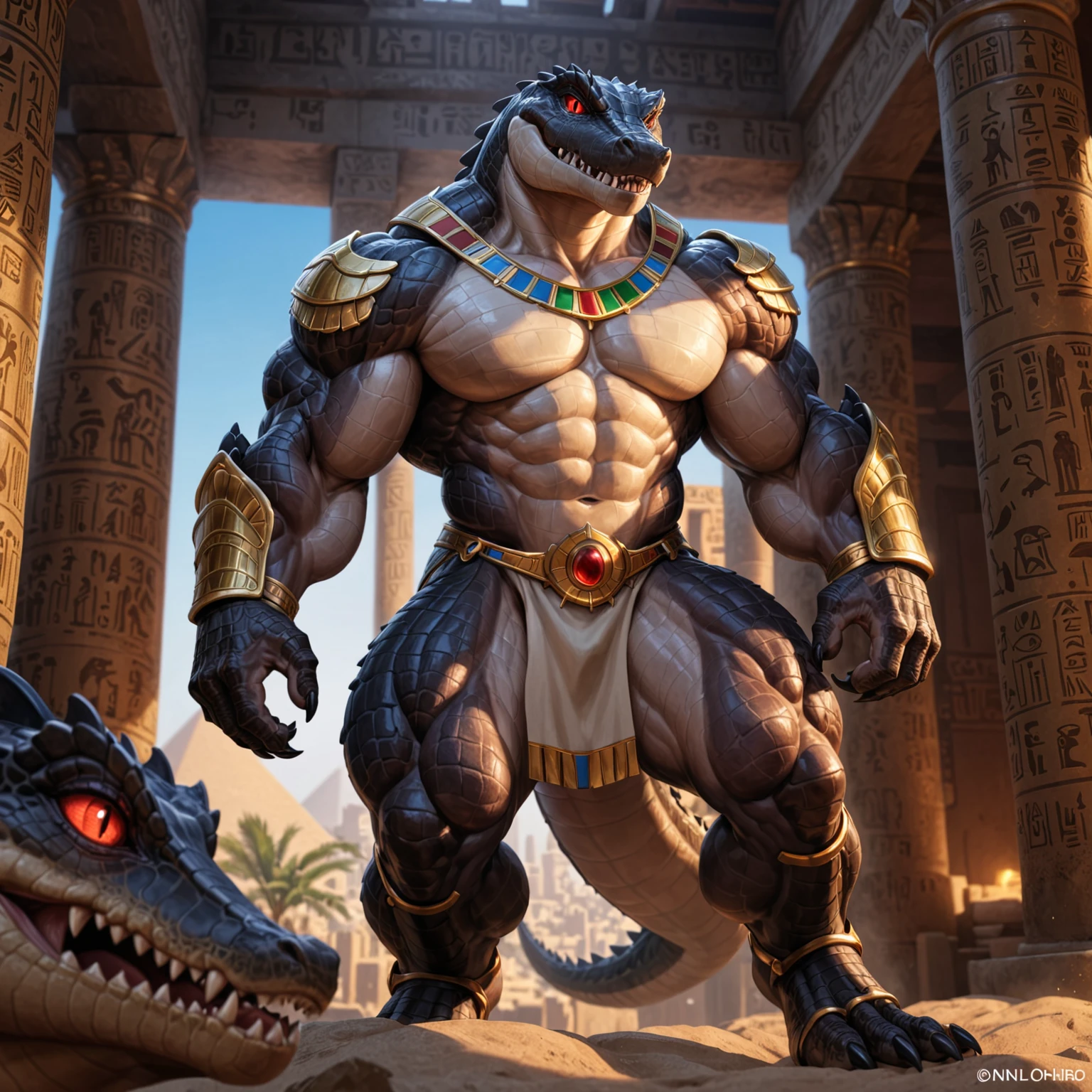 solo, male, humanoid, ultra details, alligator, ultra detailed muscles, black scales, white belly, standing up, black claws, red slit eyes, muscular, menacing, sexy, handsome, ultra detailed slit eyes, pecs, hind leg, tail, (Masterpiece, by null-ghost, ultra hi-res, 8k), wear ancient egypt accessories, black colour loincloth, oasis, ancient Egypt landscape, Nile river, front point of view,