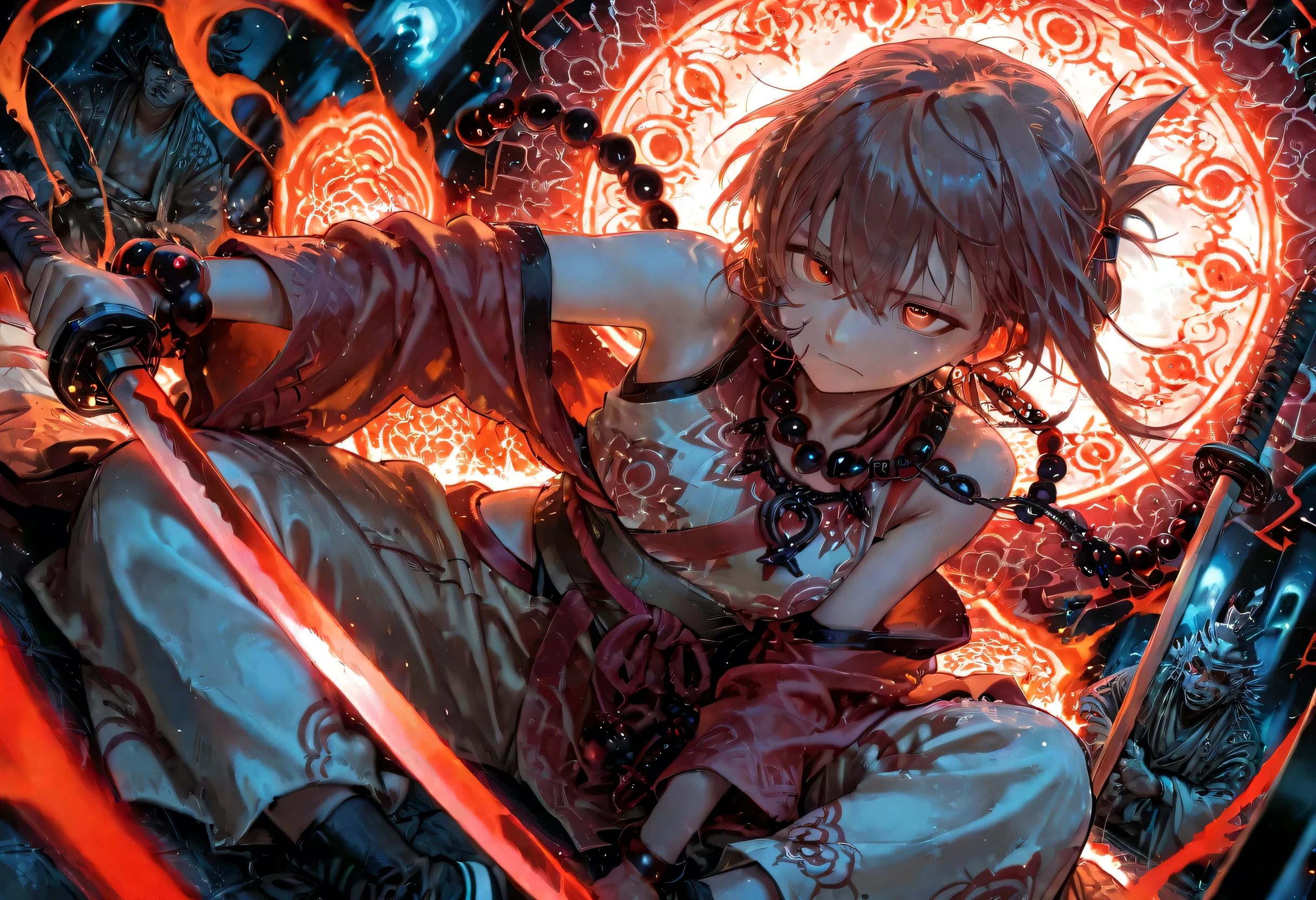 Score_9,score_8,score_7,score_7,score_6_up, source_anime, 1girl, sitting, stylishwear, stylish sneaker,cool wallpaper,(detailed face and eyes), katana,(ancient katana),shaman,(giant prayer beads necklace), masterpiece, Japanese pattern anime style, dynamic angle, dynamic view,