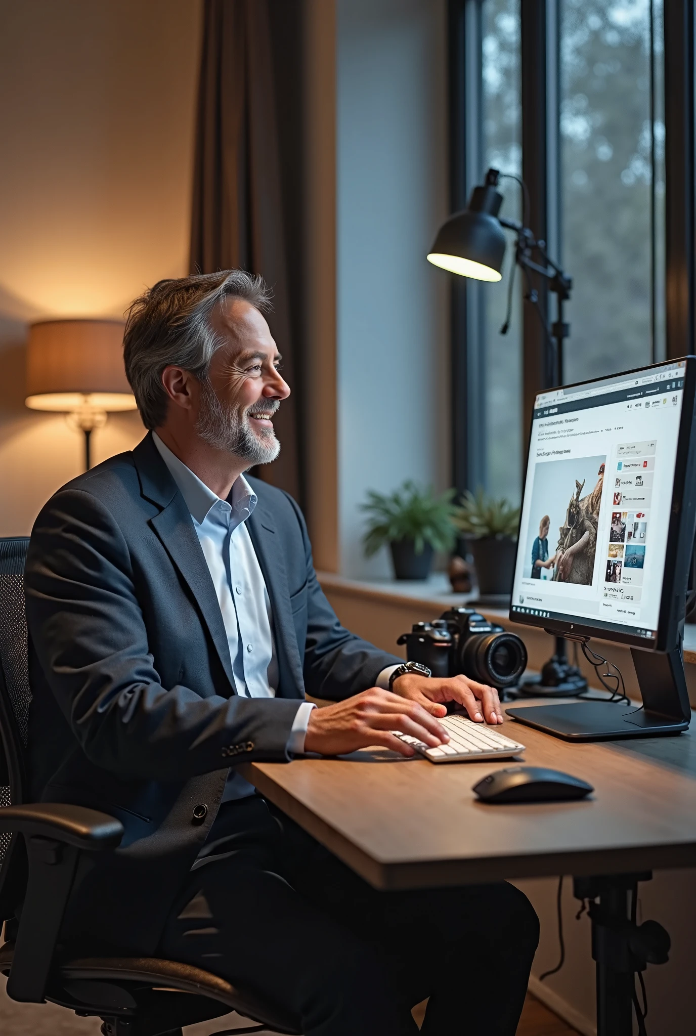 Realistic representation of a modern desk with a modern monitor, keyboard and mouse. There is also an SLR camera on the desk. On the monitor you can see a store for photographers. A European man is sitting in front of the monitor, smiling and looking at his screen.