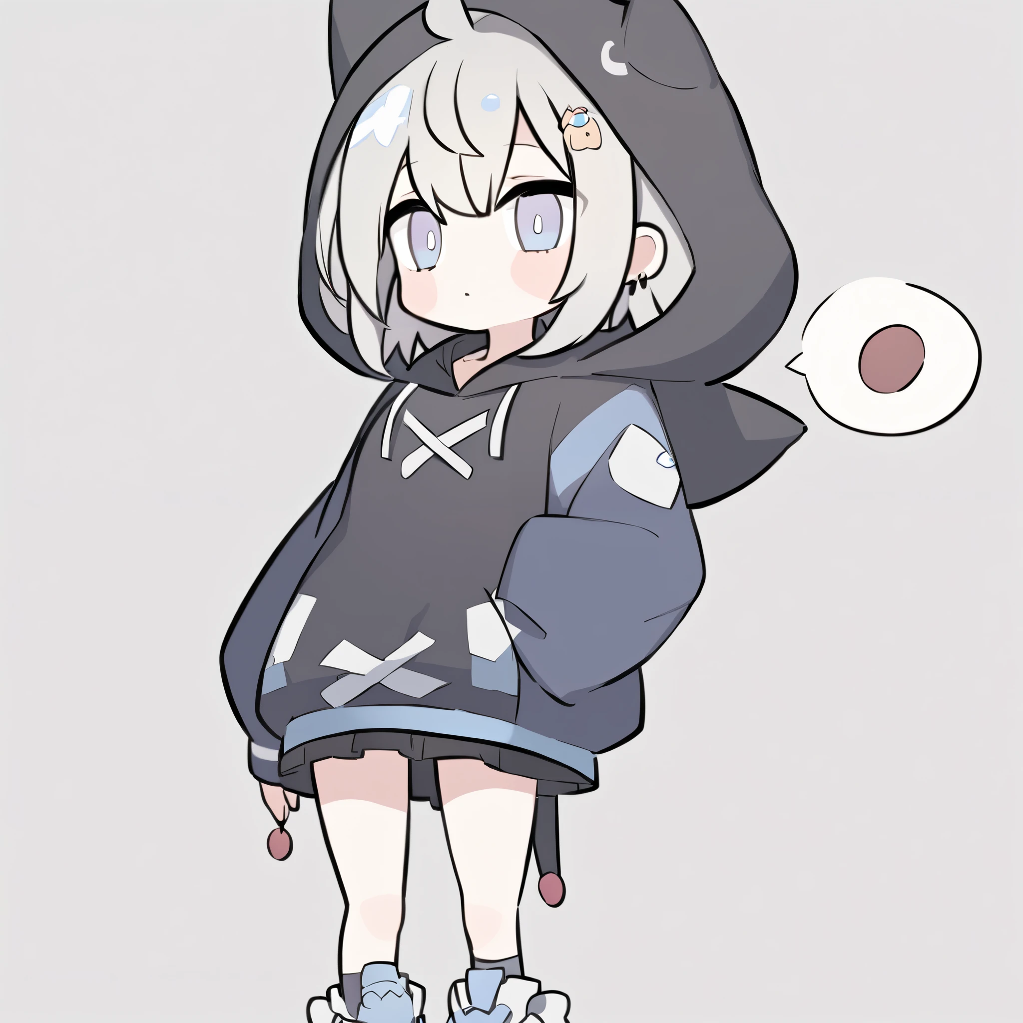 cute girl Silver whait Hair wearing a black hoodie that is 4 times the size of his head spats and is wearing a hood blue eyes cute Icon Image just one person