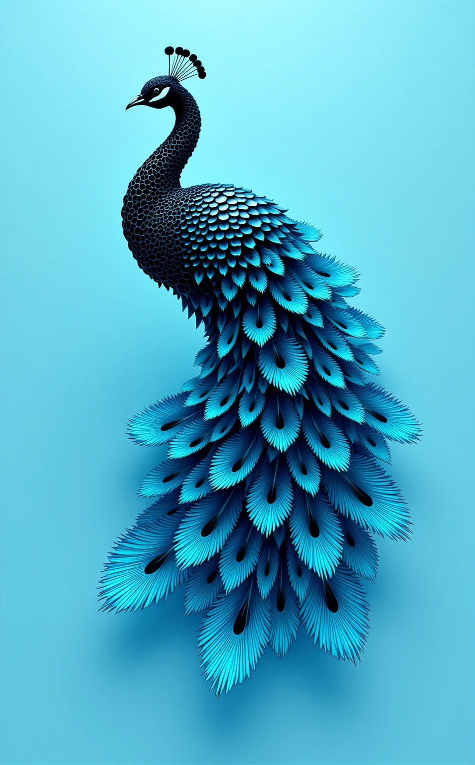 "A Parametric Minimalist interpretation of [Peacock], featuring intricate algorithmic geometries such as fractal tessellations, recursive subdivisions, and parametric equation-derived forms. Render the composition with [Neon Cyan] and [Obsidian Black] in sharp, gradient-free blocks and precise linear accents to evoke digital precision. Balance negative space with geometric density, using sleek metallic or matte surfaces to amplify elegance. The design should feel both futuristic and harmonious, blending mathematical complexity with minimalist restraint."

