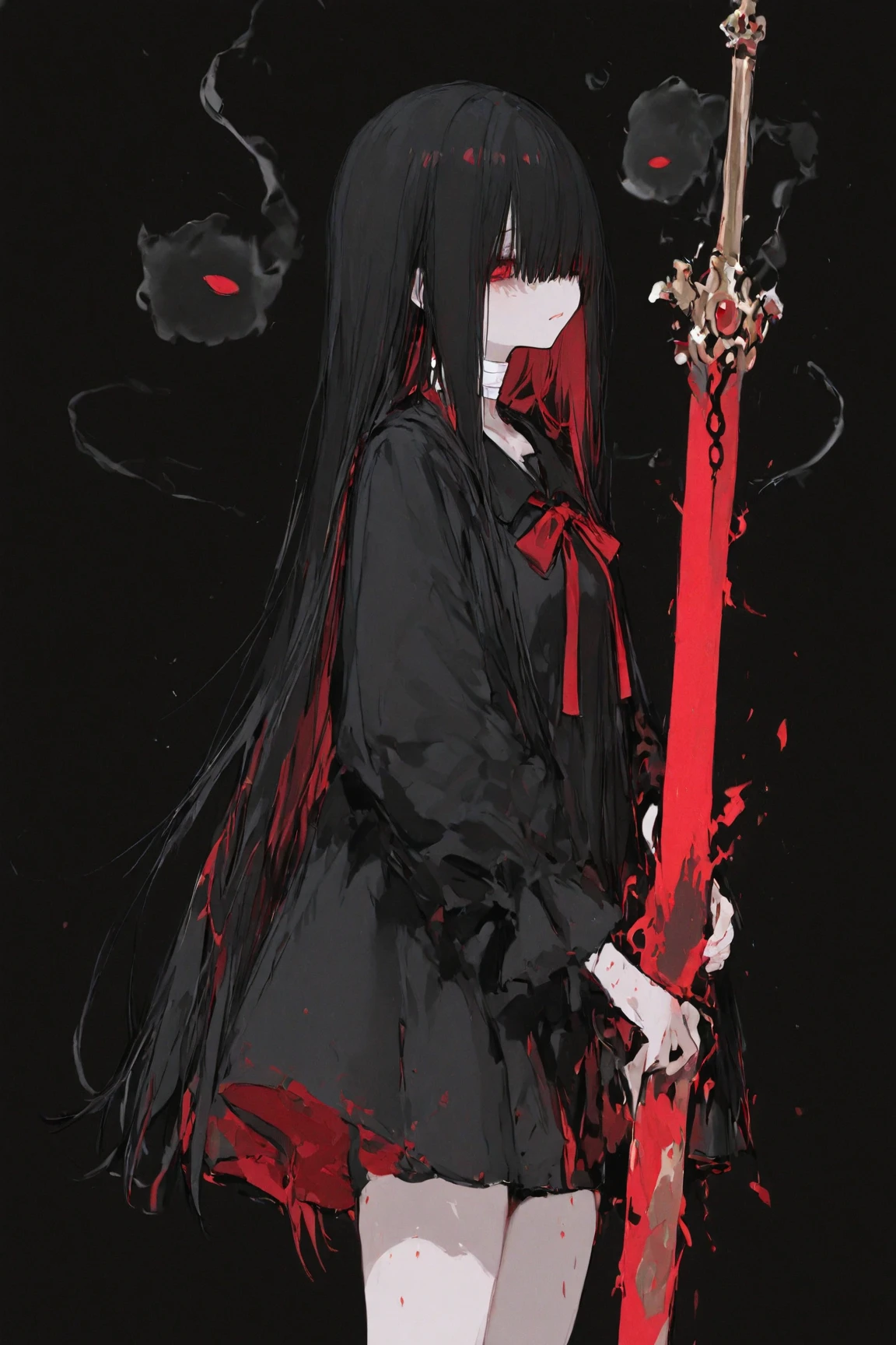 score_9, score_8_up, score_7_up, score_6_up, score_5_up, score_4_up,
BREAK
1girl, black hair, red eyes, long hair, straight hair, blunt bangs, blunt ends, half-closed eyes, glowing eyes, slit pupils, red lips, expressionless, looking away, black sclera,
BREAK
solo, dancing, black dress, frills, gothic dress, red rose, rose dress, roses, holding dagger, blood on weapon, blood pool, black high heels, blood mist,
BREAK
black background, dark, simple background, dynamic pose, <lora:Lunas-Uqi32-SDXL-A1:1>