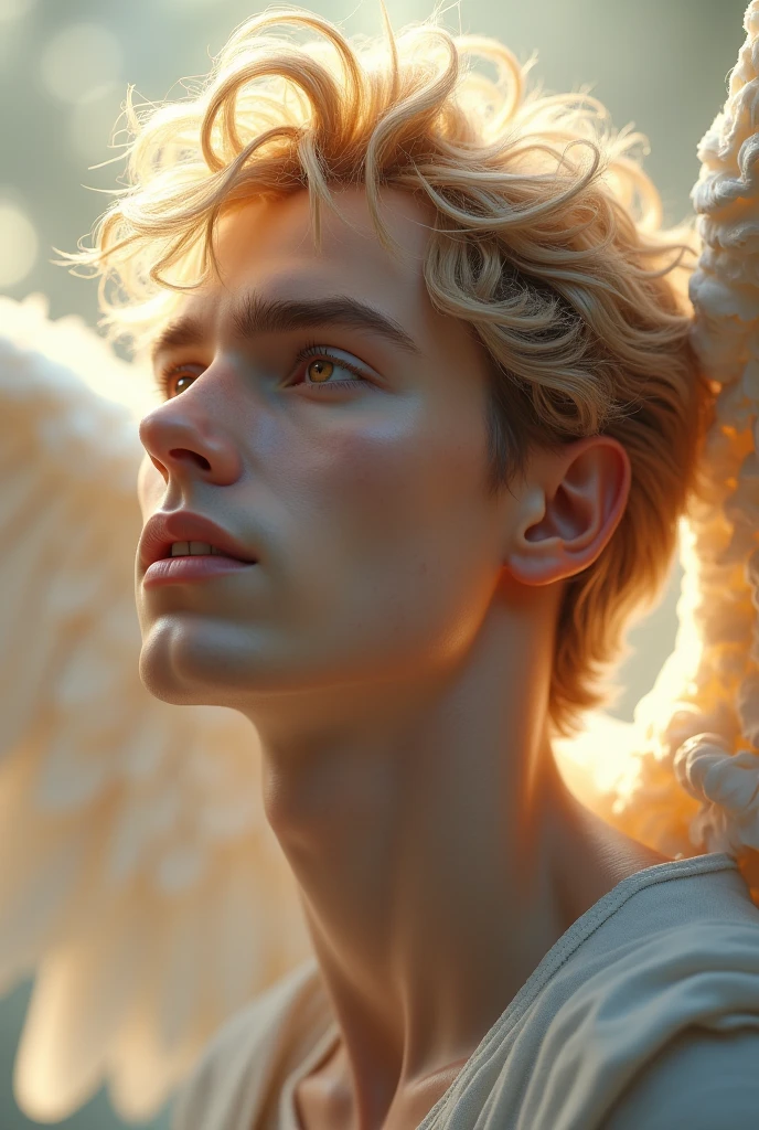 30th Generation、Beautiful Caucasian Man、Mysterious and sexy face、looking at the camera、Upper body image、Beautiful angel wings、Upper body naked、No beard、Slightly longer blonde hair、Rainbow on background、Smiling a little、White skin、A soothing face、White light on background